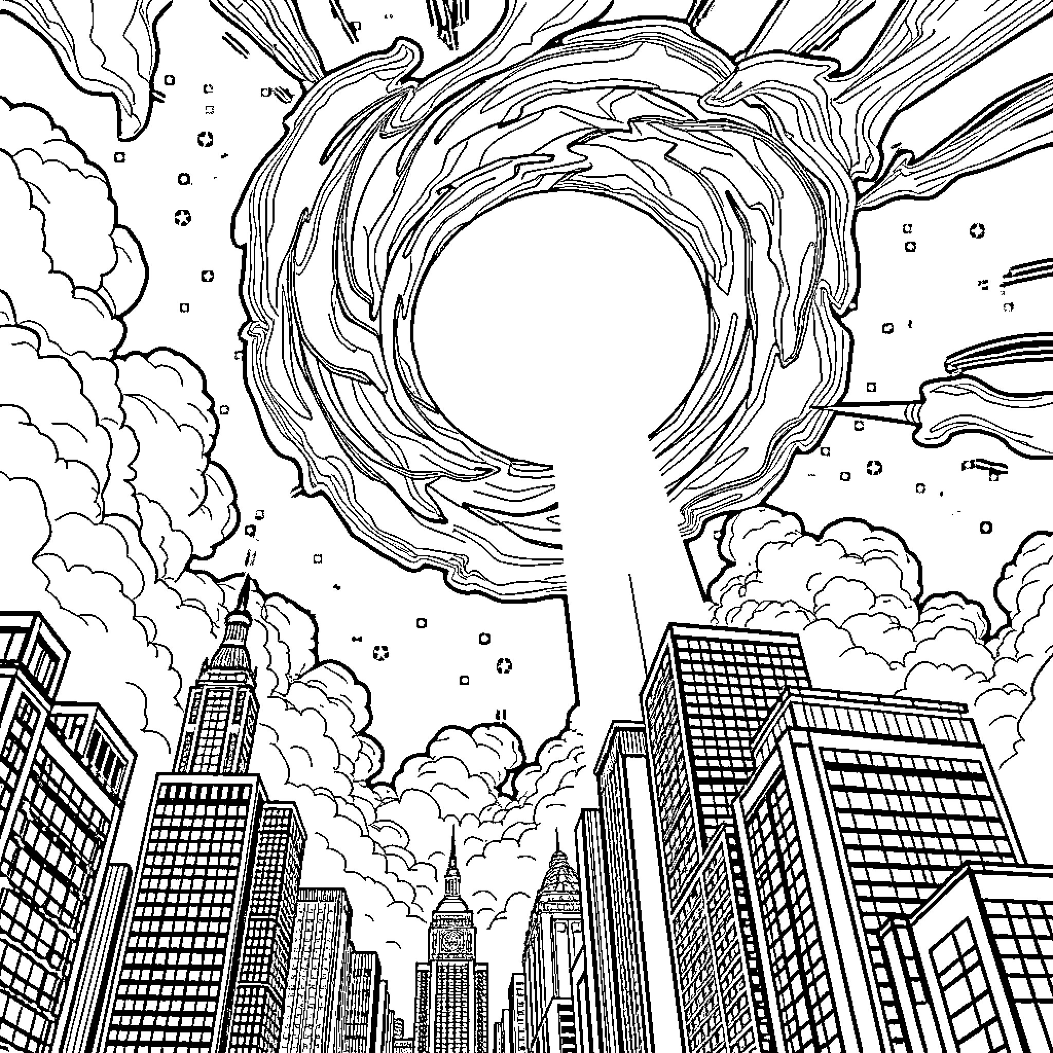 Portal to an Otherworldly City Skyline Coloring Page (free black-and-white line drawing printable PDF for all, from beginners to advanced learners, including children, teens, adults, and seniors)