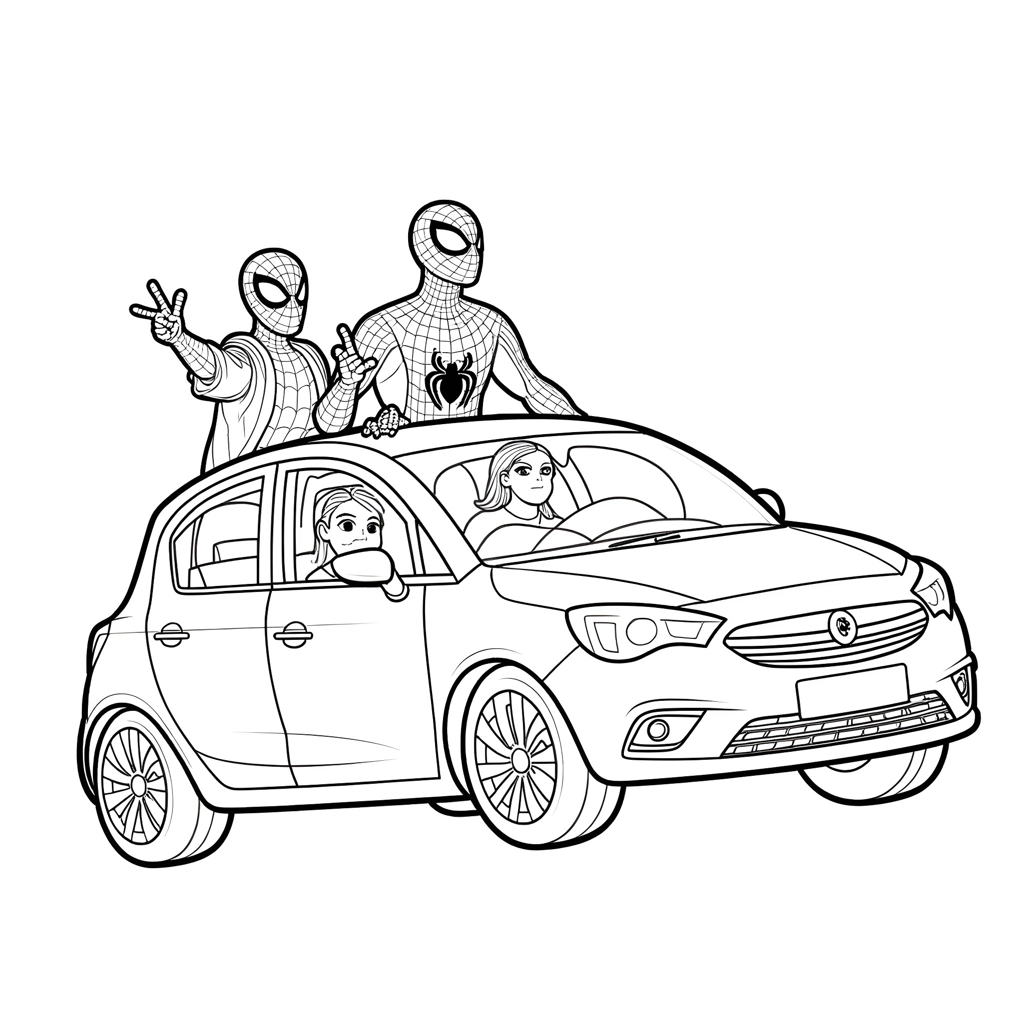 Spidey's Friendly Neighborhood Ride Coloring Page (free black-and-white line drawing printable PDF for all, from beginners to advanced learners, including children, teens, adults, and seniors)