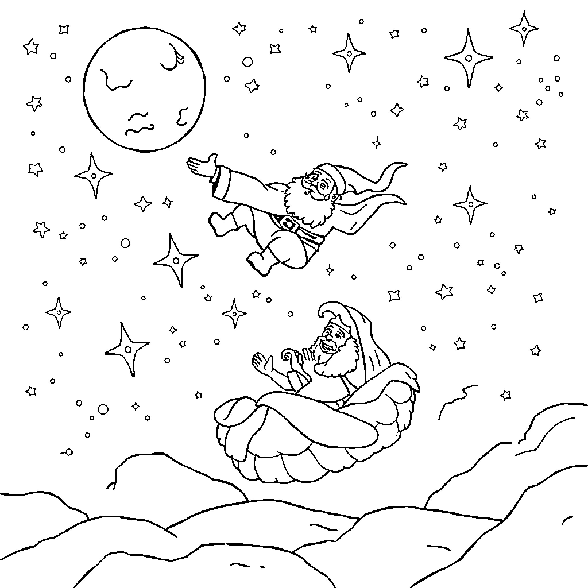 Santa soaring through the starry night sky Coloring Page (free black-and-white line drawing printable PDF for all, from beginners to advanced learners, including children, teens, adults, and seniors)