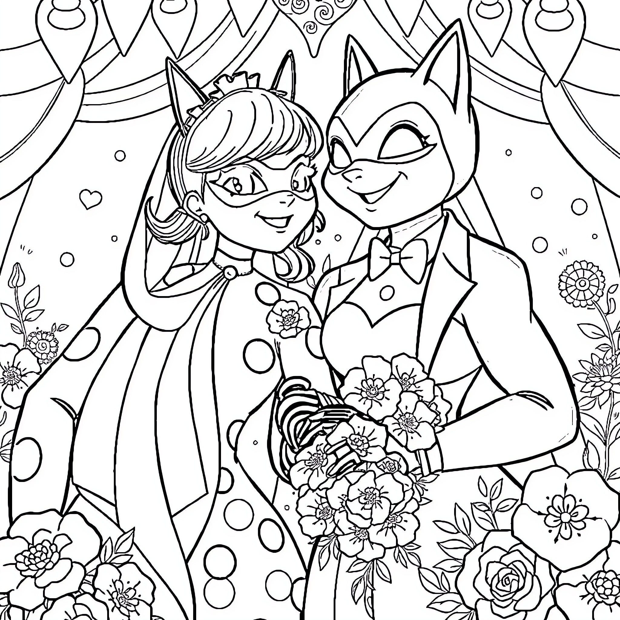 Ladybug couple in a floral setting Coloring Page (free black-and-white line drawing printable PDF for all, from beginners to advanced learners, including children, teens, adults, and seniors)