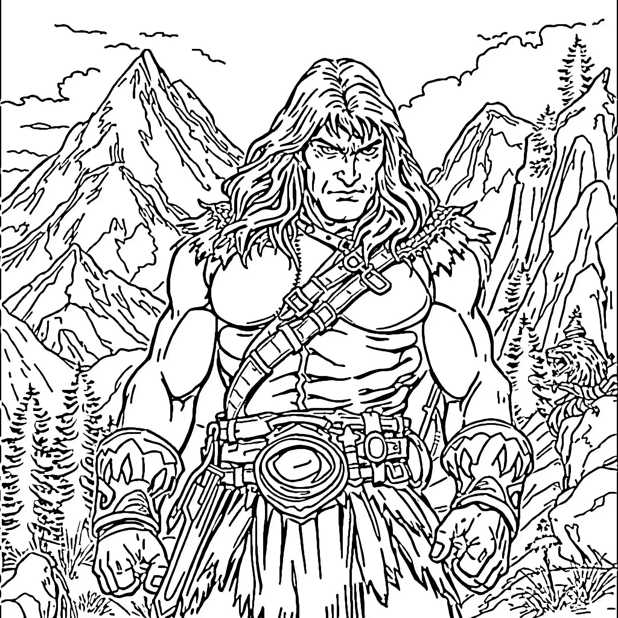 Conan the Barbarian in Rugged Wilderness Landscape Coloring Page (free black-and-white line drawing printable PDF for all, from beginners to advanced learners, including children, teens, adults, and seniors)