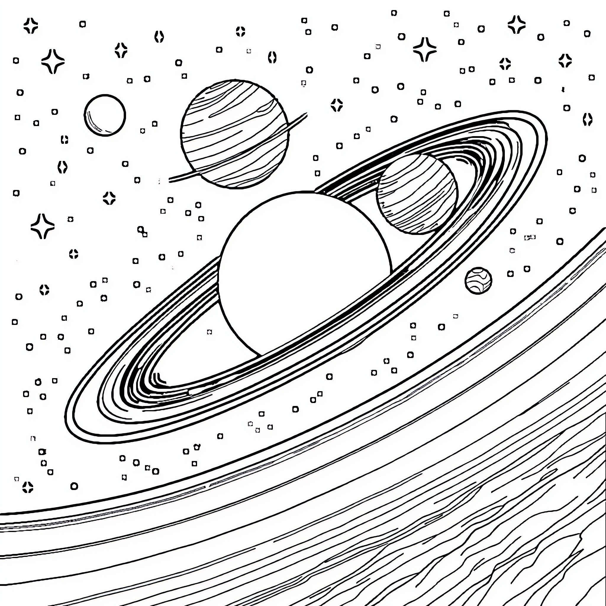 Solar System with Planets and Stars Coloring Page (free black-and-white line drawing printable PDF for all, from beginners to advanced learners, including children, teens, adults, and seniors)