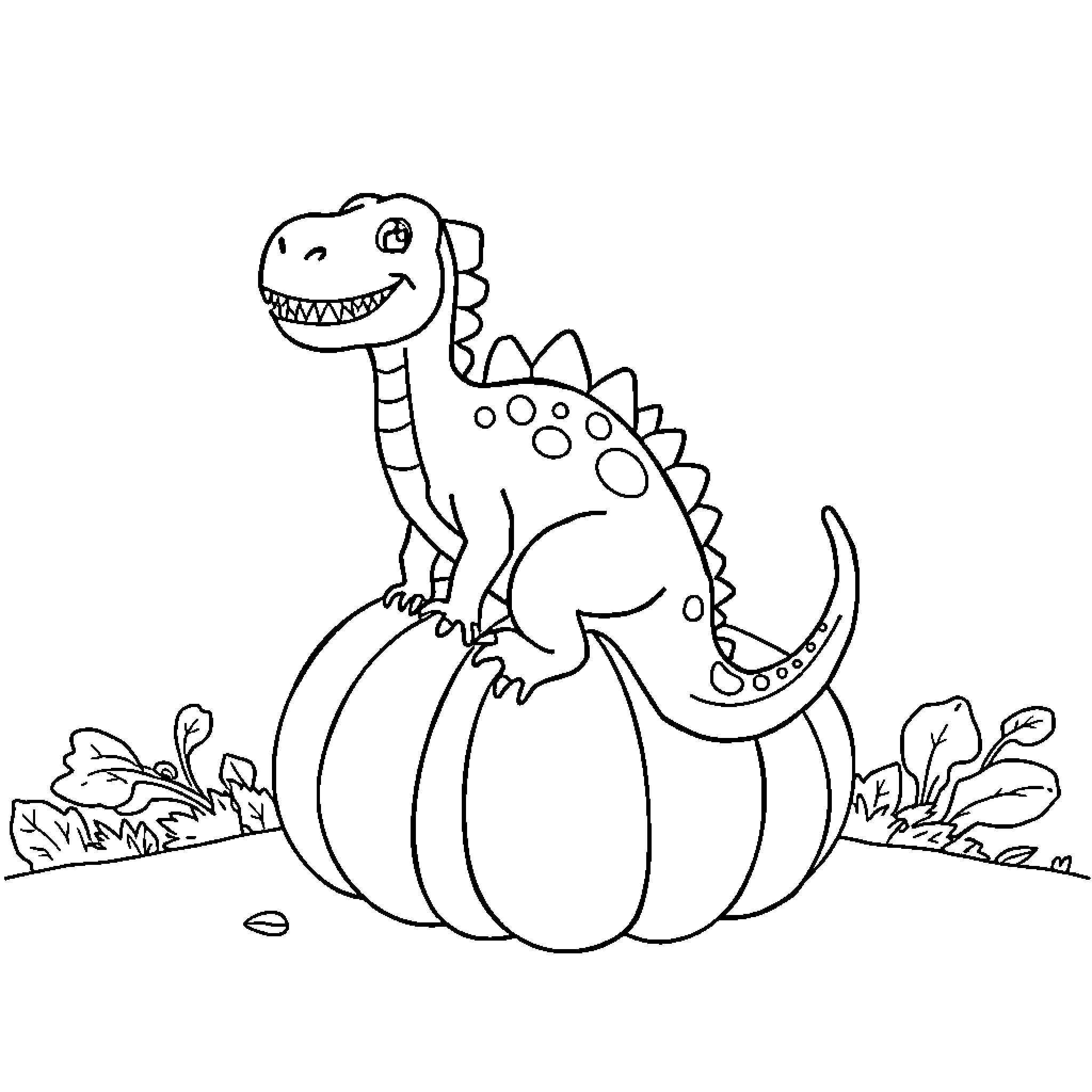 Dinosaur playing happily on a pumpkin Coloring Page (free black-and-white line drawing printable PDF for all, from beginners to advanced learners, including children, teens, adults, and seniors)