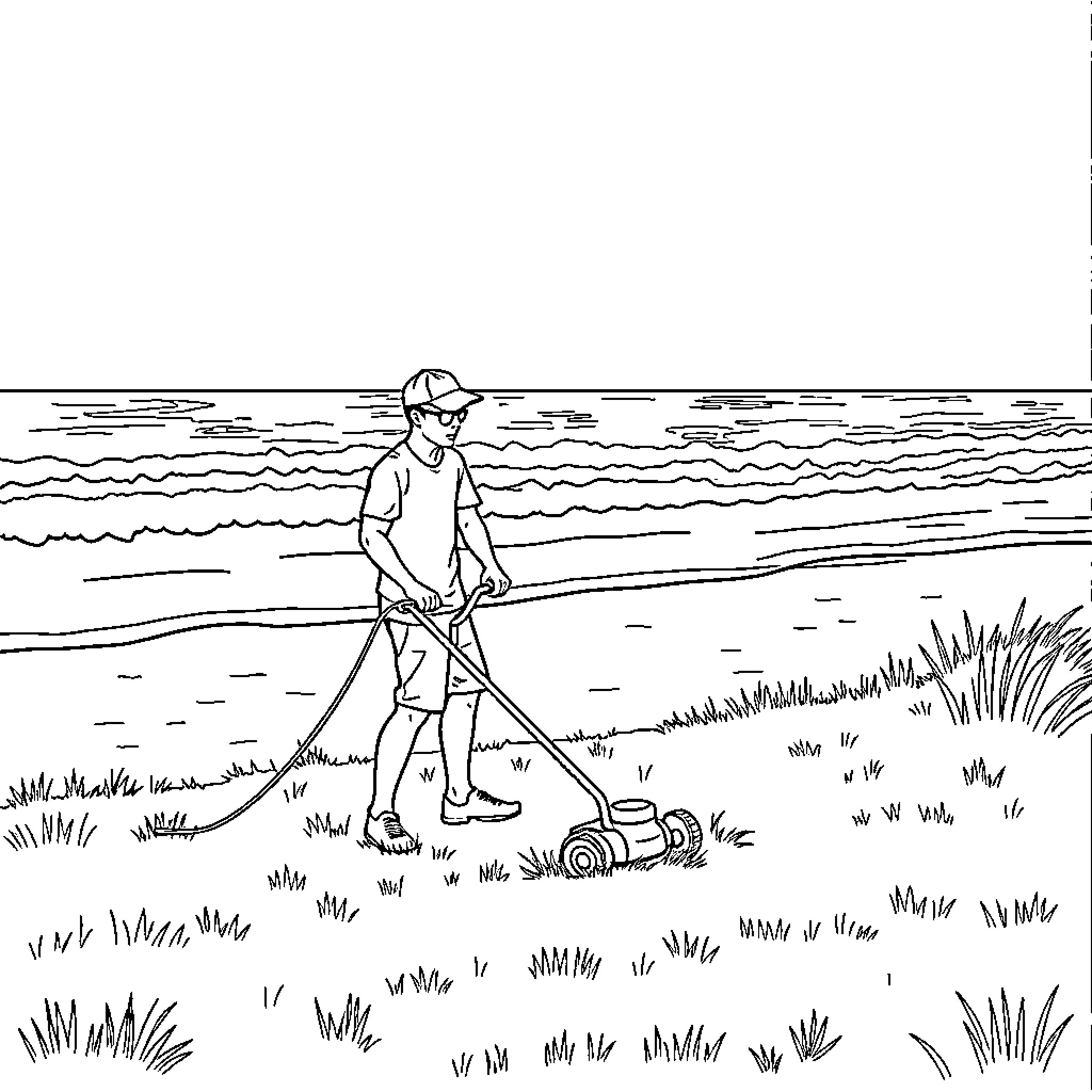Guy mowing lawn near the ocean Coloring Page (free black-and-white line drawing printable PDF for all, from beginners to advanced learners, including children, teens, adults, and seniors)