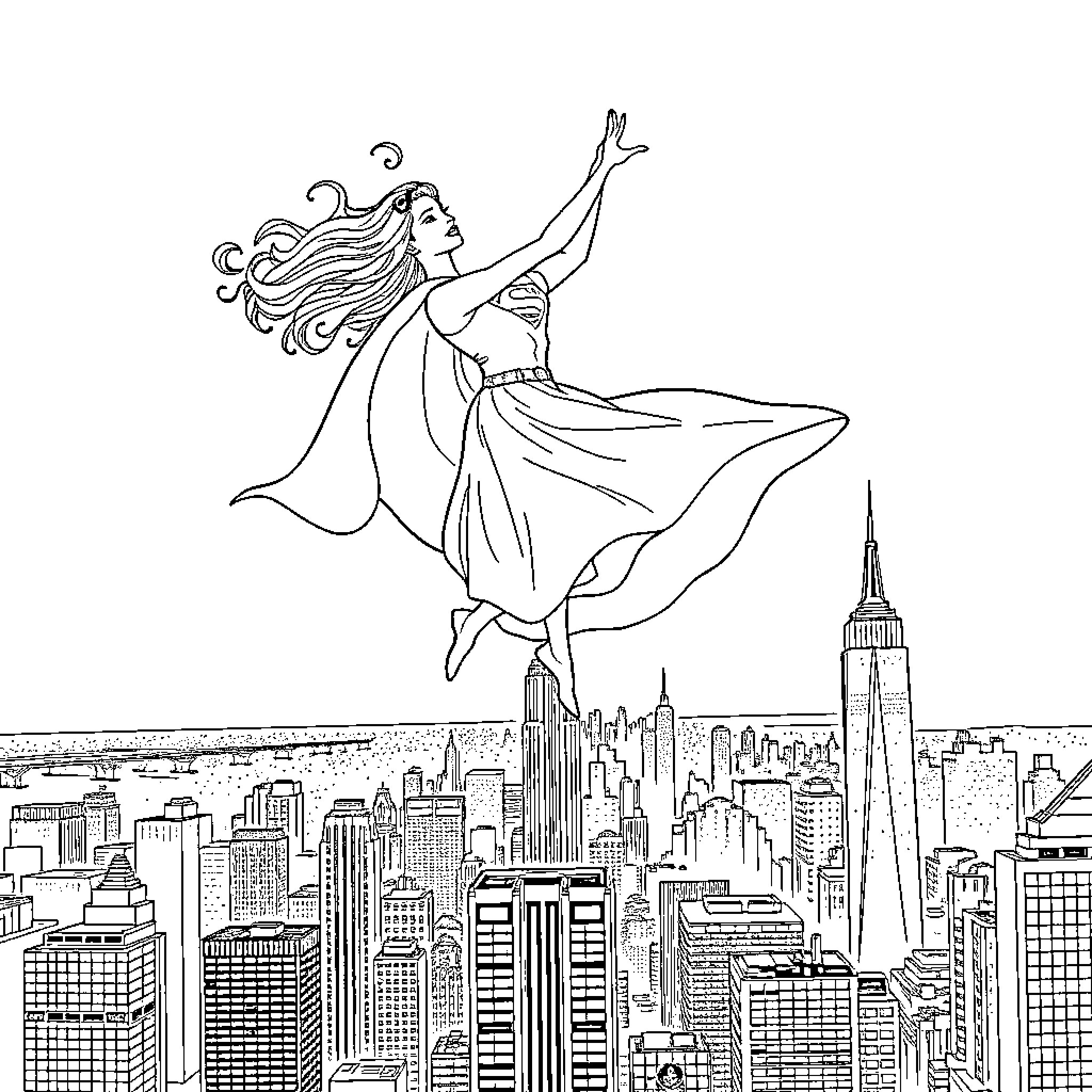 Superman flying over New York City skyline Coloring Page (free black-and-white line drawing printable PDF for all, from beginners to advanced learners, including children, teens, adults, and seniors)