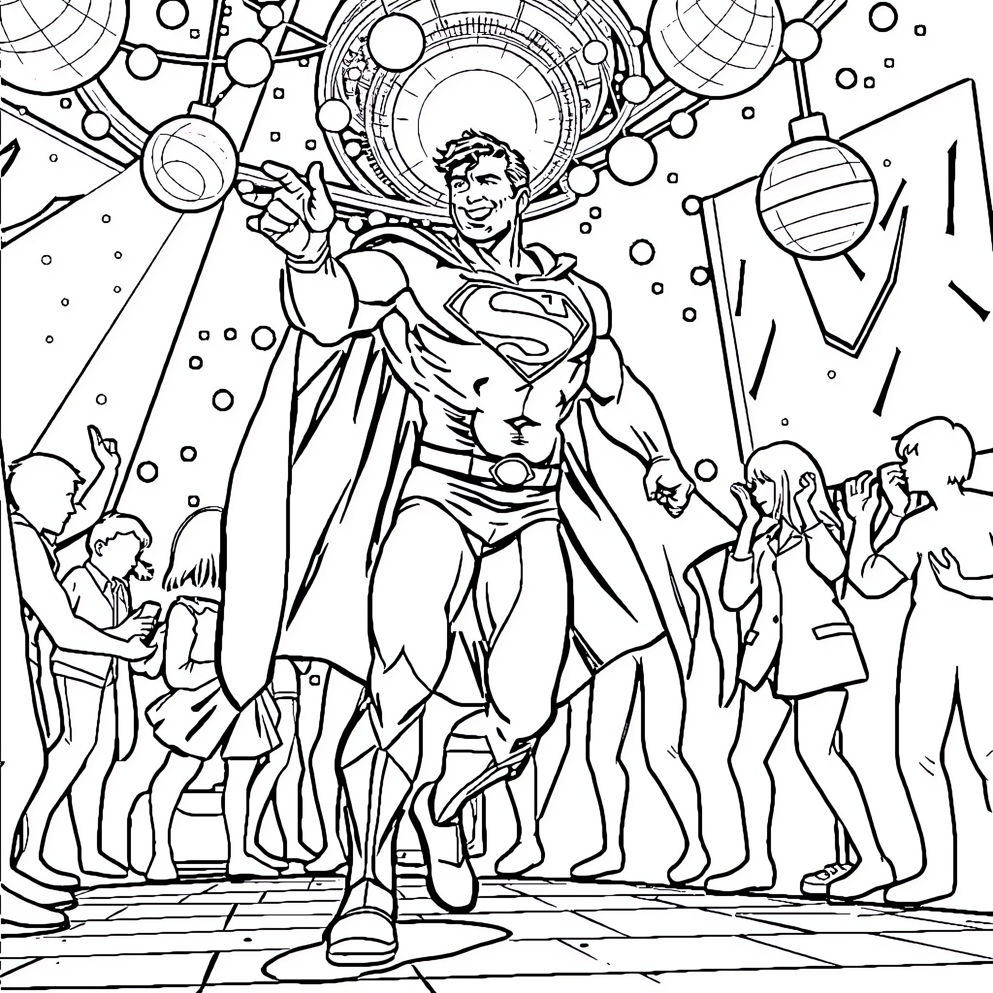 Superman saving the day in a cosmic adventure Coloring Page (free black-and-white line drawing printable PDF for all, from beginners to advanced learners, including children, teens, adults, and seniors)