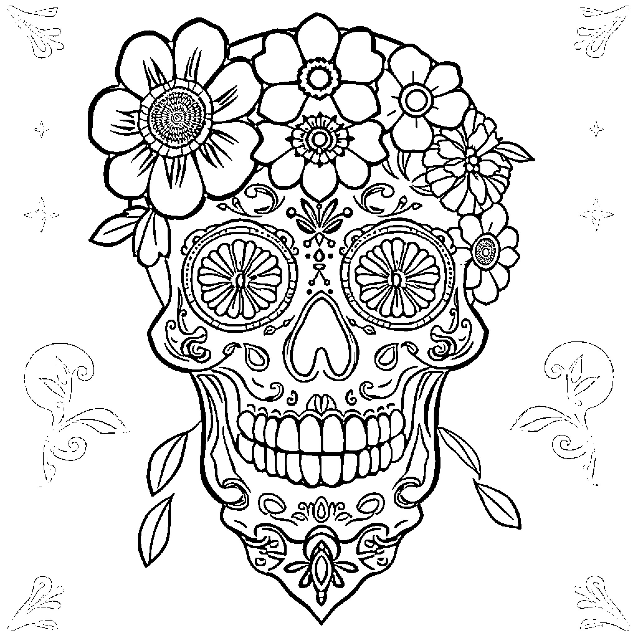 Sugar Skull with Floral Embellishments Coloring Page (free black-and-white line drawing printable PDF for all, from beginners to advanced learners, including children, teens, adults, and seniors)