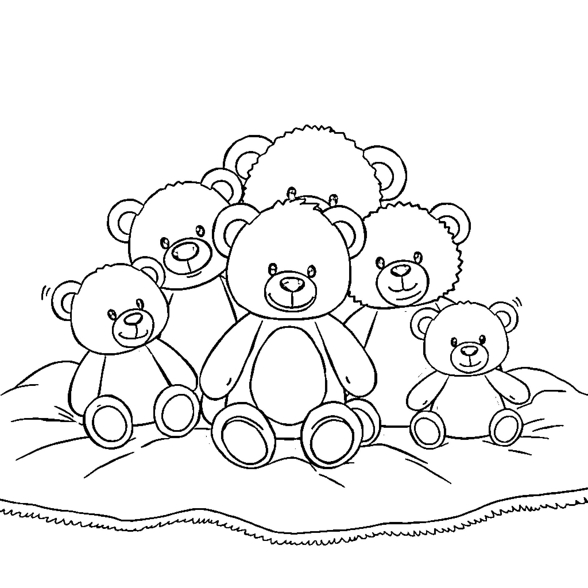 Stuffed Animal Teddy Bears Gathered Outdoors Coloring Page (free black-and-white line drawing printable PDF for all, from beginners to advanced learners, including children, teens, adults, and seniors)