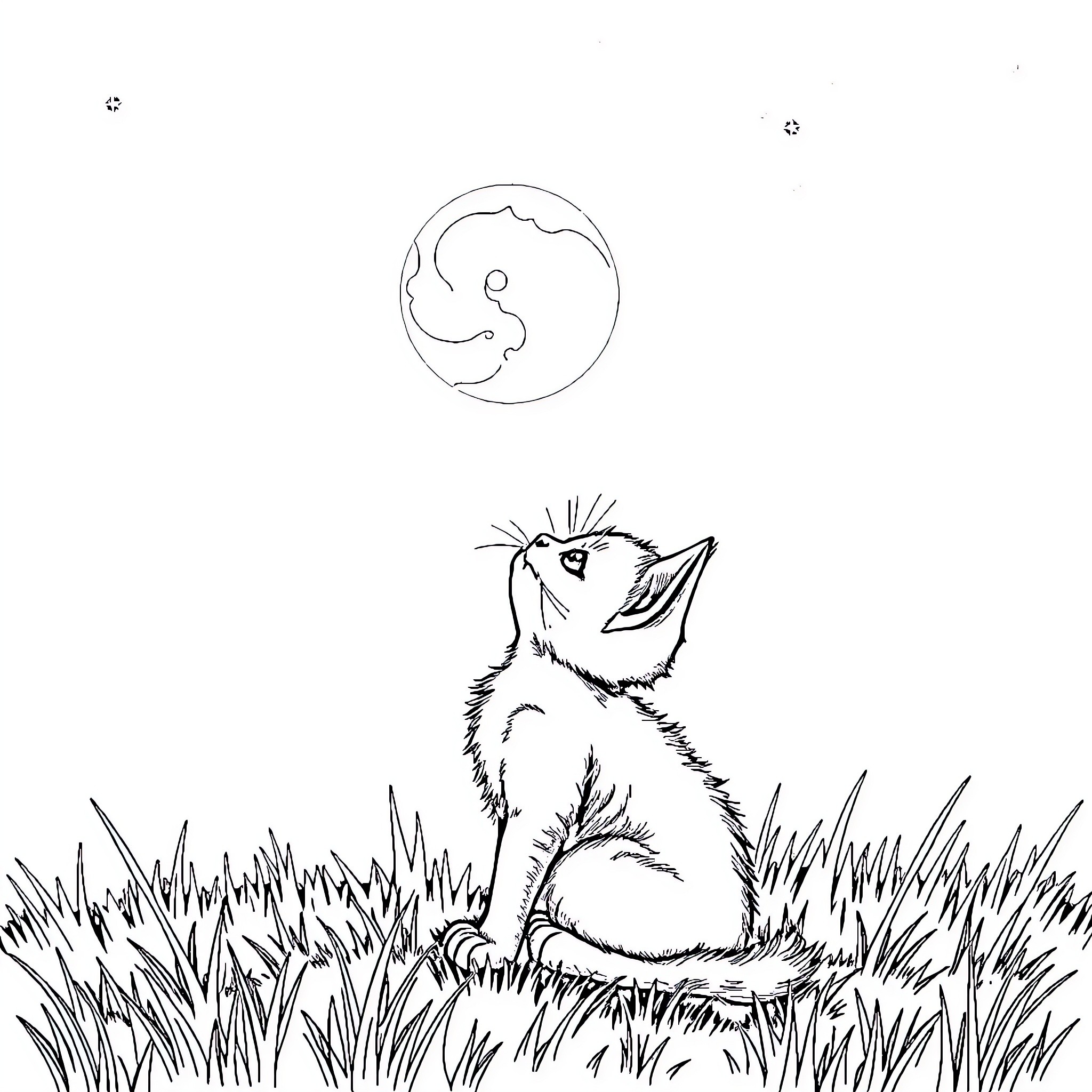 Kitten gazing at the moon in a grassy field Coloring Page (free black-and-white line drawing printable PDF for all, from beginners to advanced learners, including children, teens, adults, and seniors)