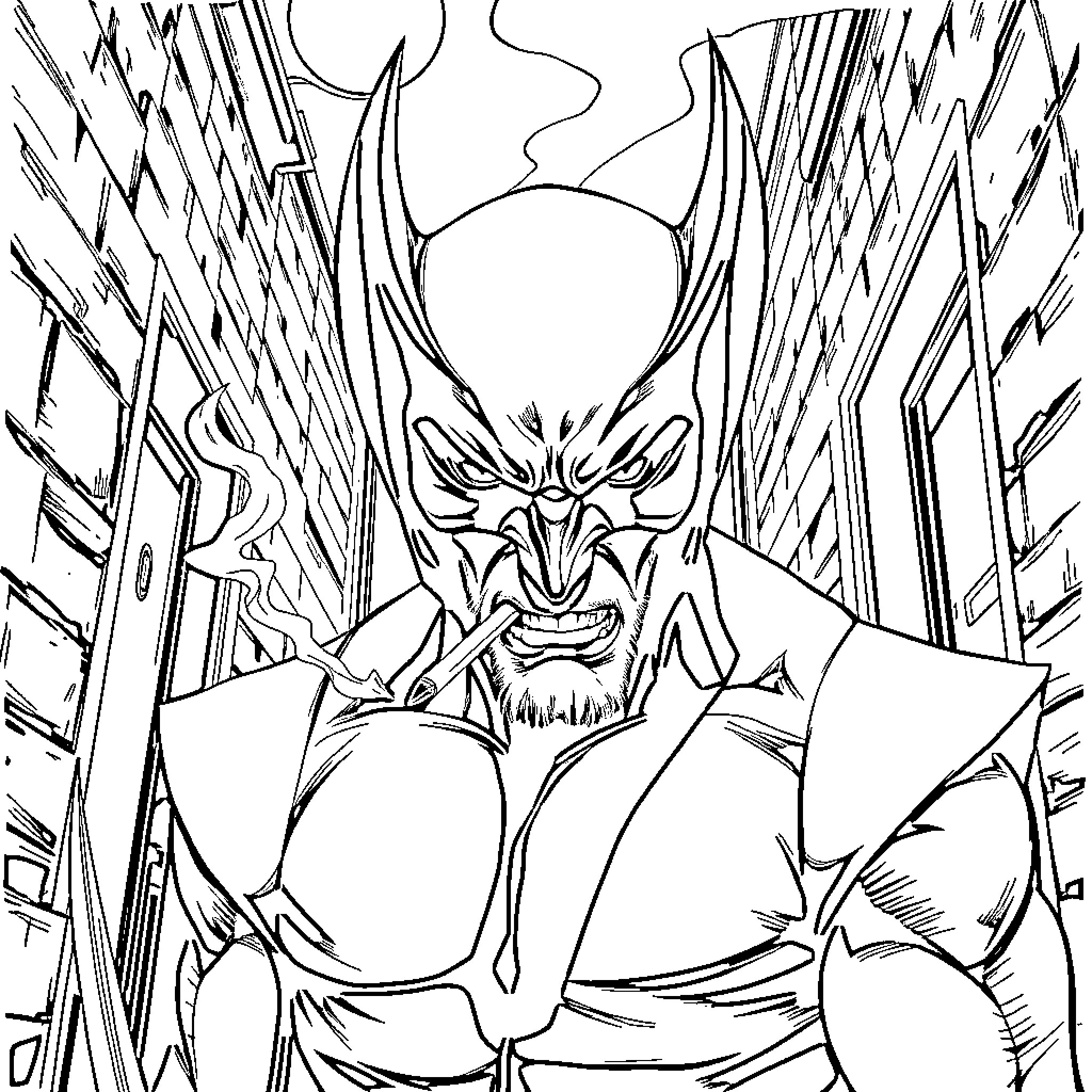 Wolverine unleashing his claws in a fierce battle Coloring Page (free black-and-white line drawing printable PDF for all, from beginners to advanced learners, including children, teens, adults, and seniors)