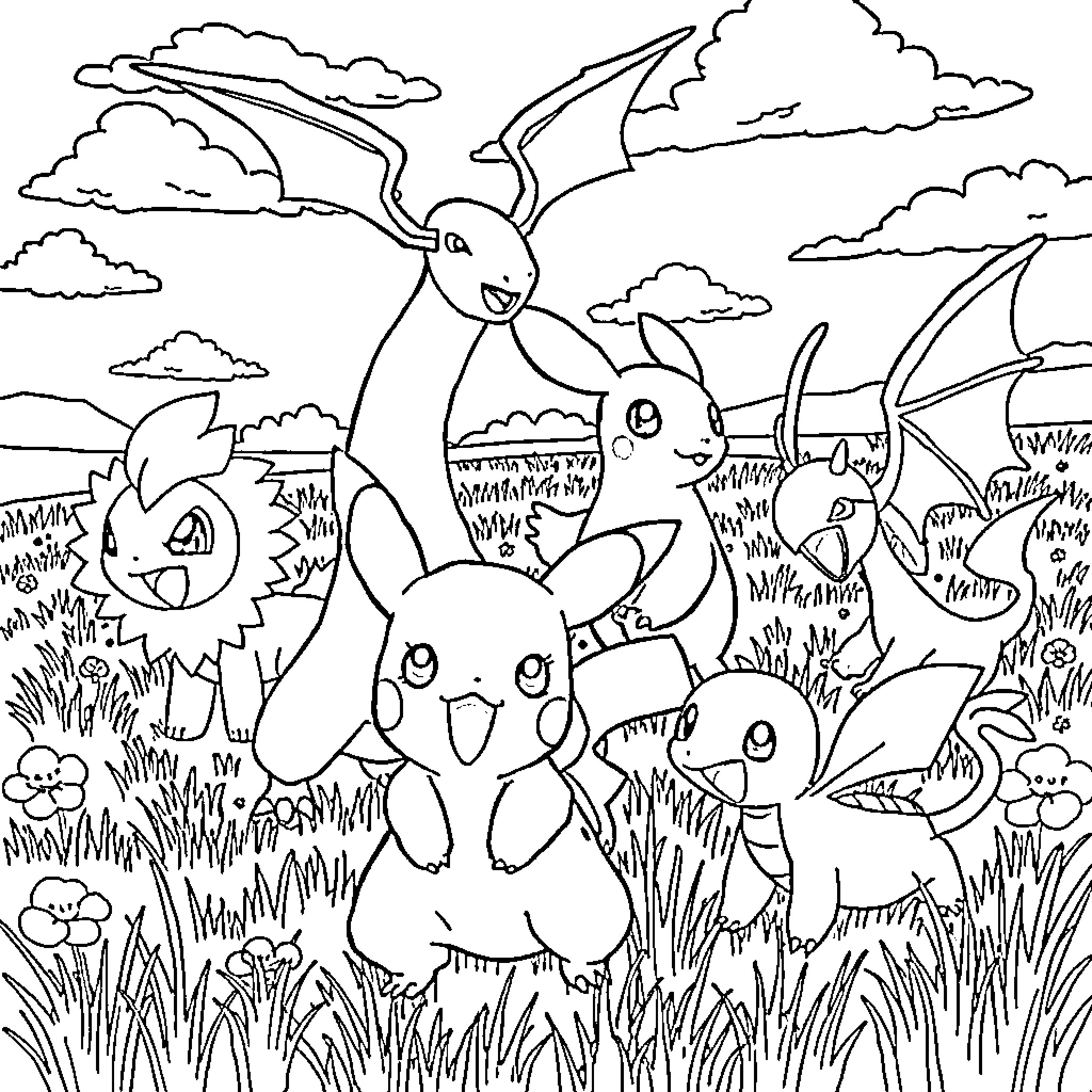 Pokémon gathering in a lush outdoor scene Coloring Page (free black-and-white line drawing printable PDF for all, from beginners to advanced learners, including children, teens, adults, and seniors)