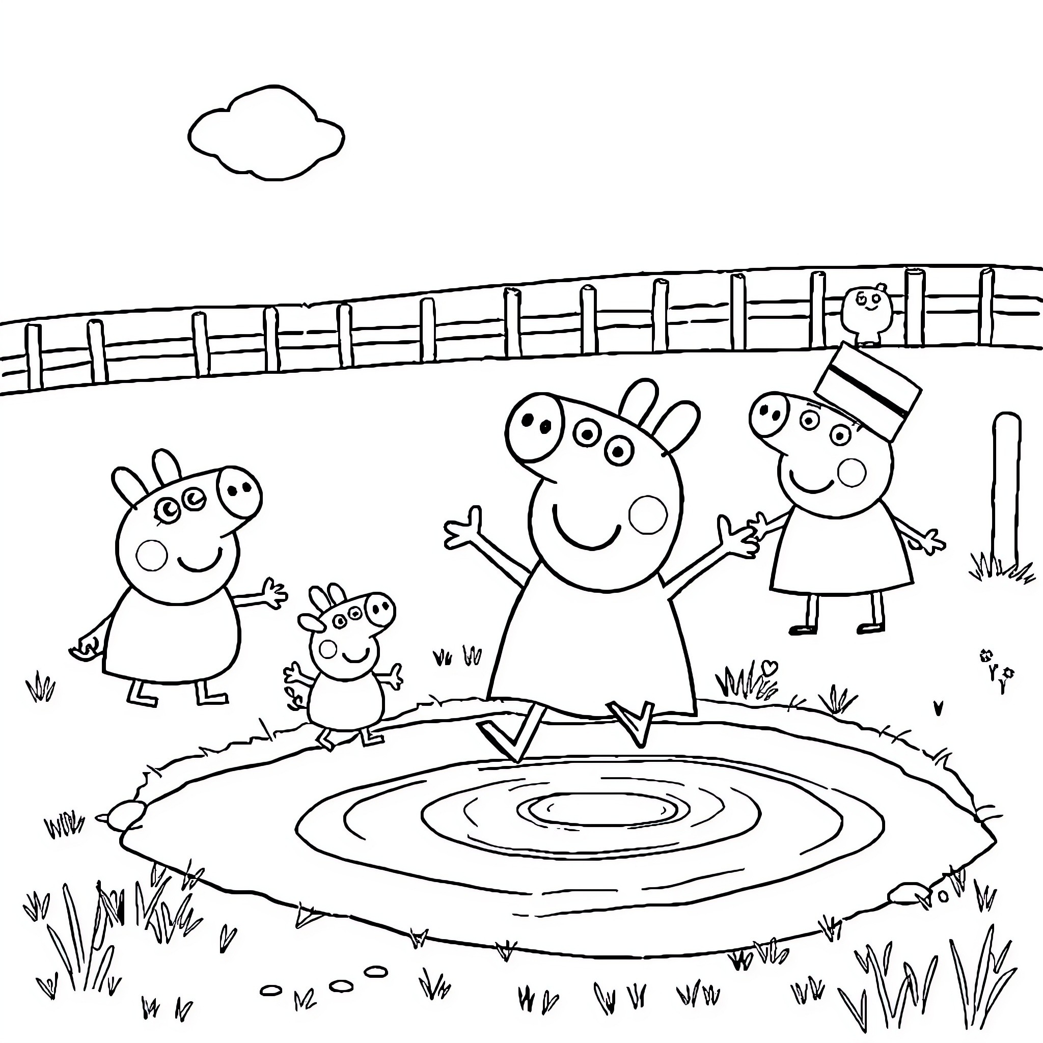 Peppa Pig and friends enjoying outdoor activities Coloring Page (free black-and-white line drawing printable PDF for all, from beginners to advanced learners, including children, teens, adults, and seniors)