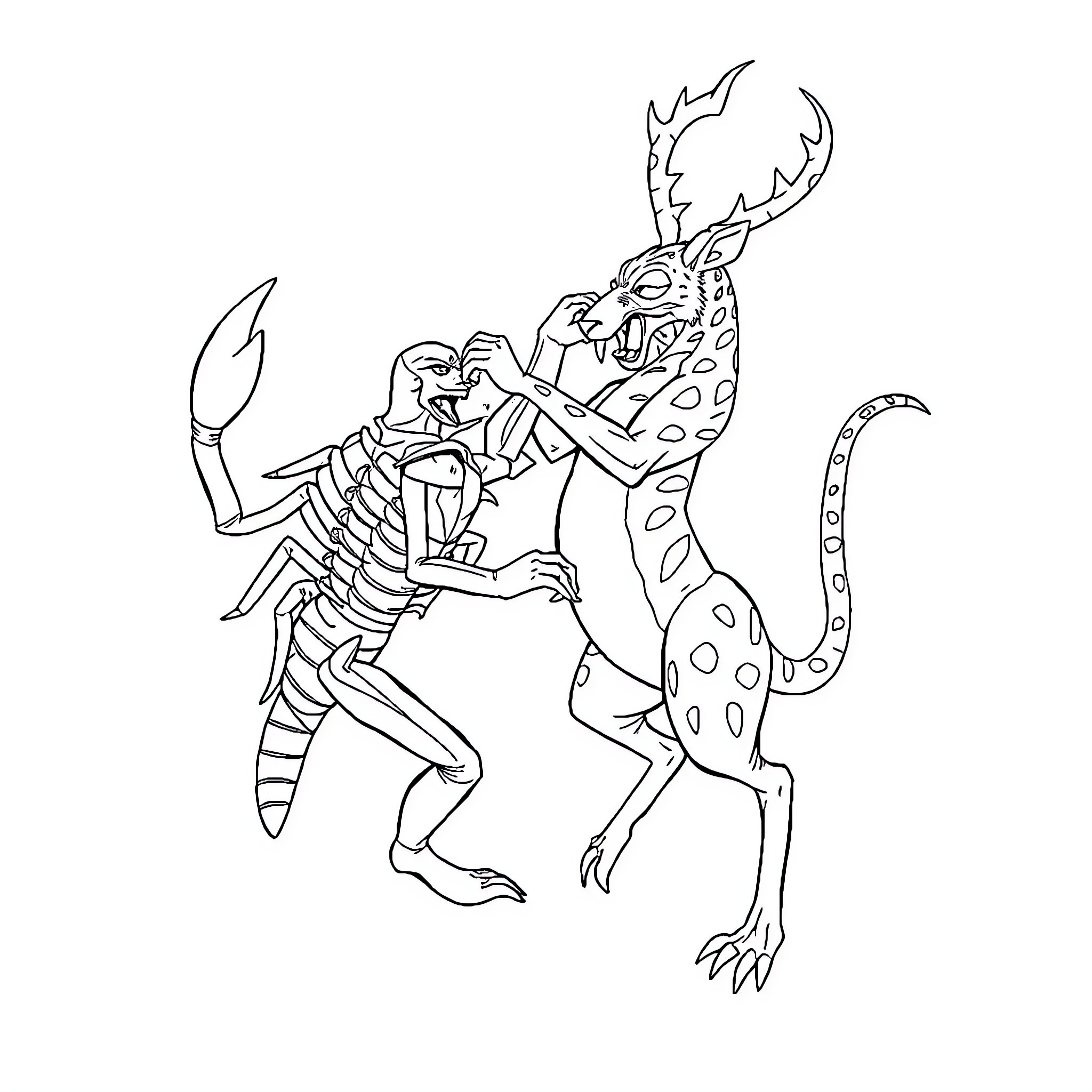 Scorpion warrior battling against a monstrous creature Coloring Page (free black-and-white line drawing printable PDF for all, from beginners to advanced learners, including children, teens, adults, and seniors)