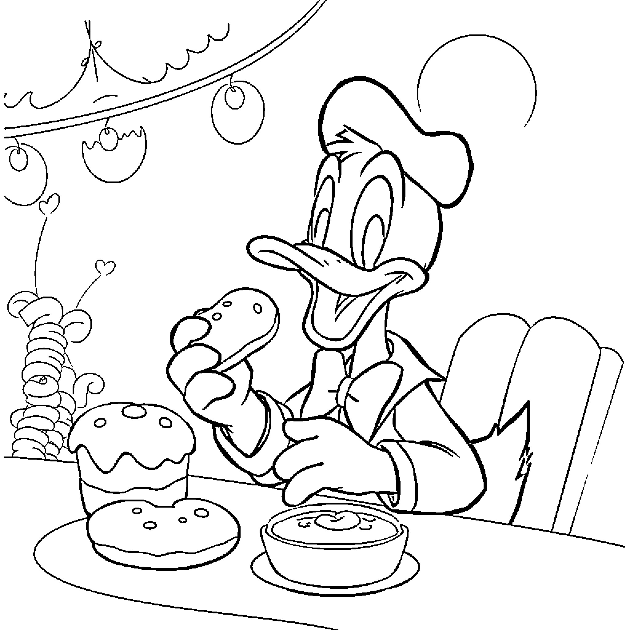Pato enjoying a tasty meal with dessert Coloring Page (free black-and-white line drawing printable PDF for all, from beginners to advanced learners, including children, teens, adults, and seniors)