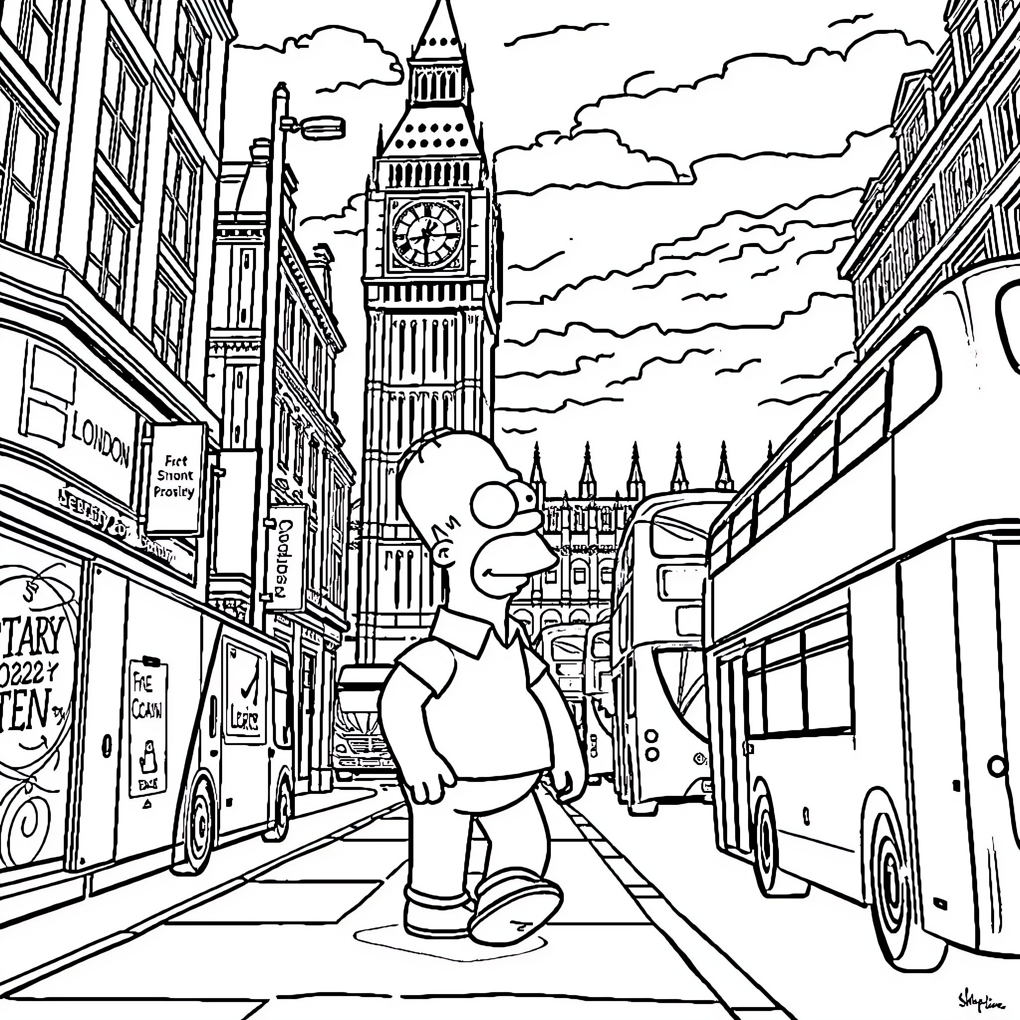 Homer Simpson explores iconic London landmarks Coloring Page (free black-and-white line drawing printable PDF for all, from beginners to advanced learners, including children, teens, adults, and seniors)
