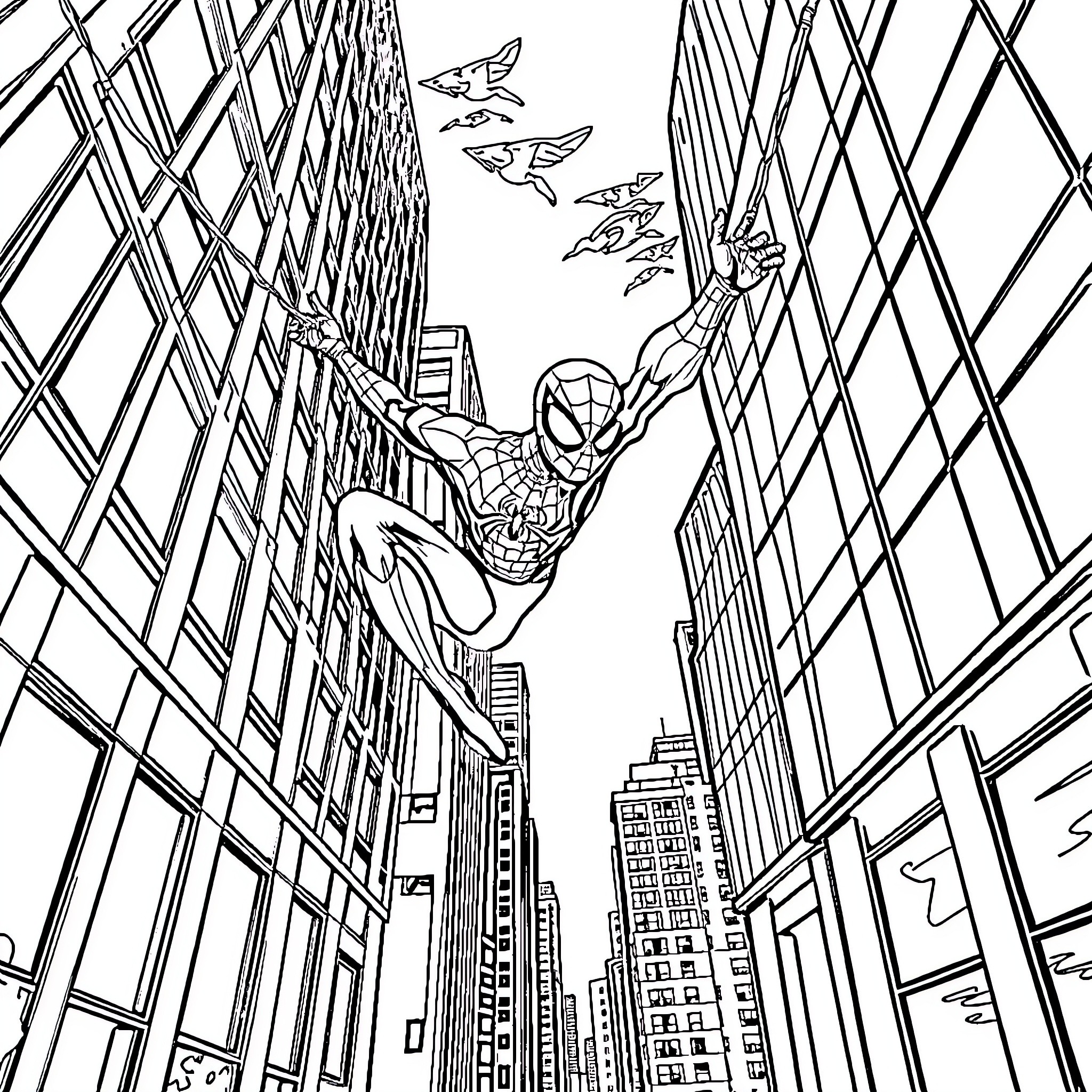 Spiderman swinging through the city skyline Coloring Page (free black-and-white line drawing printable PDF for all, from beginners to advanced learners, including children, teens, adults, and seniors)