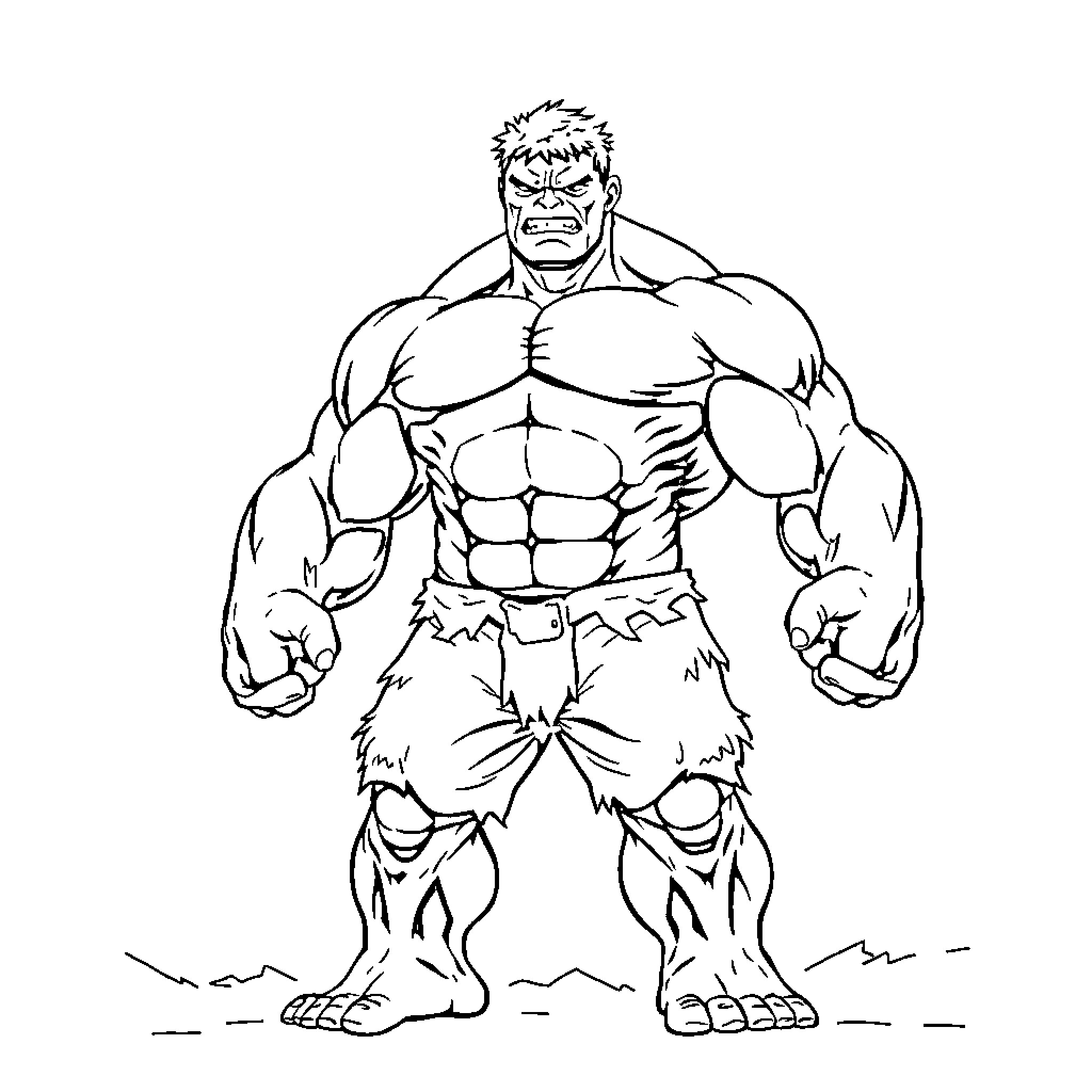Hulk Flexing Muscular Body Fiercely Coloring Page (free black-and-white line drawing printable PDF for all, from beginners to advanced learners, including children, teens, adults, and seniors)