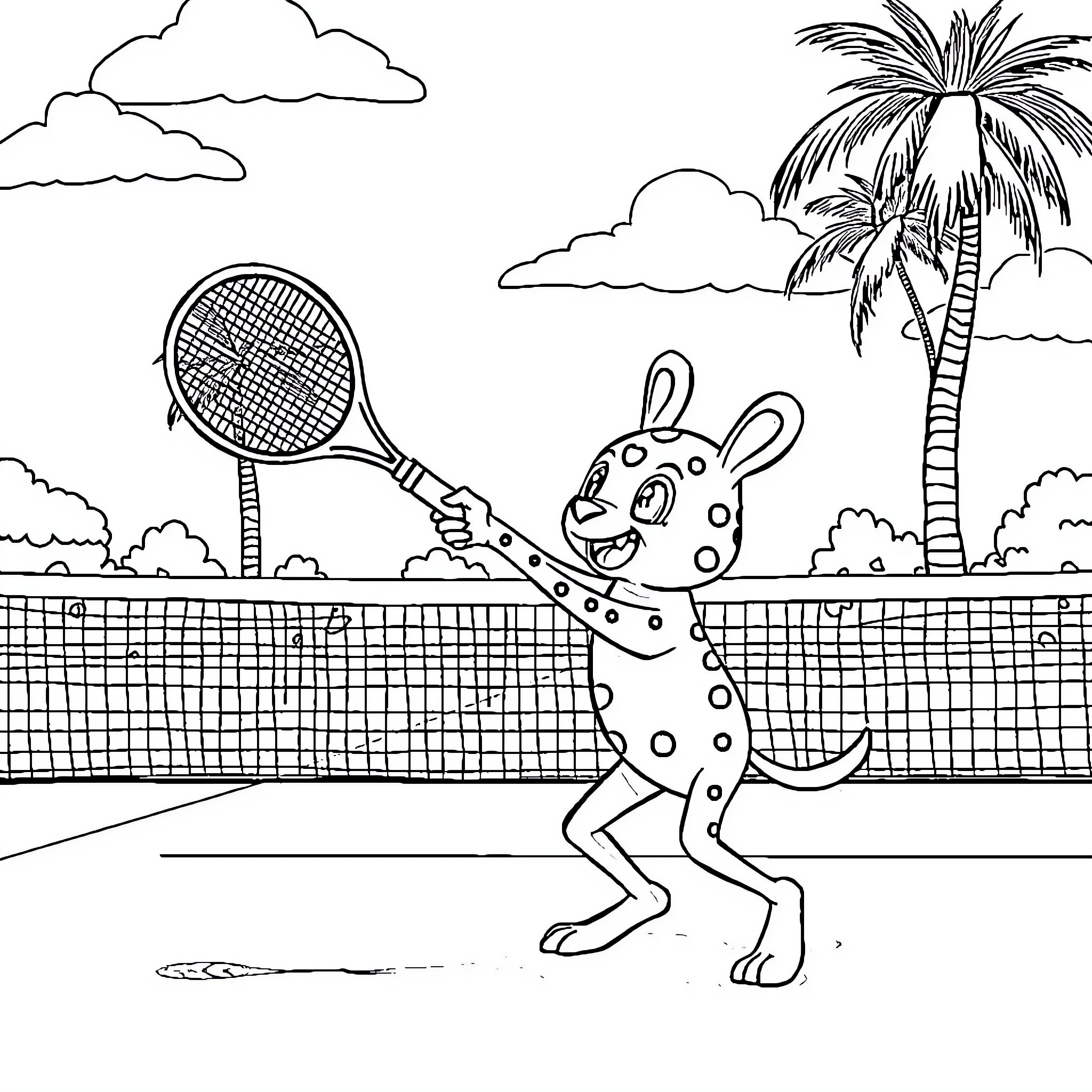 Labubu playing tennis on a tropical court Coloring Page (free black-and-white line drawing printable PDF for all, from beginners to advanced learners, including children, teens, adults, and seniors)