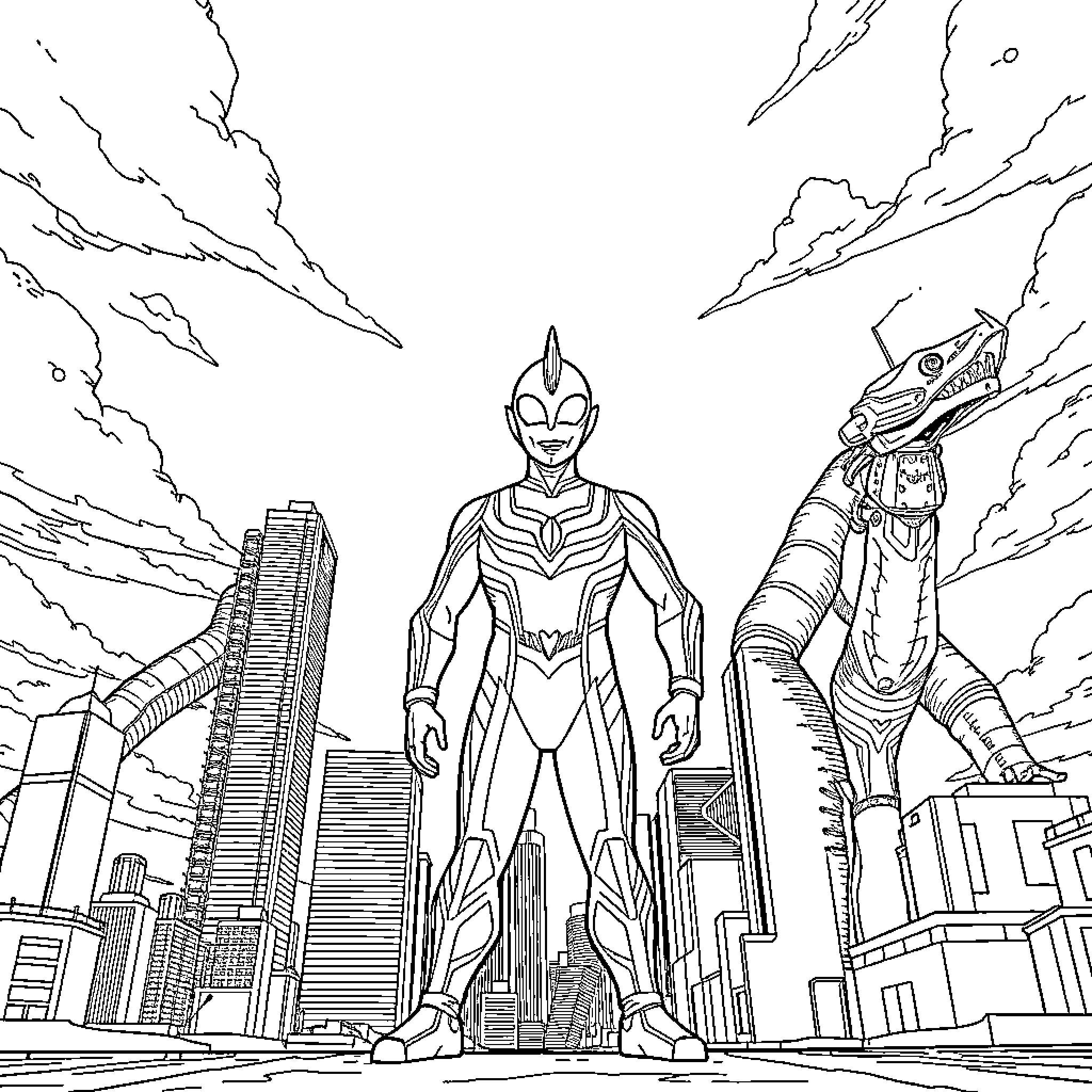 Ultraman facing off against a giant monster Coloring Page (free black-and-white line drawing printable PDF for all, from beginners to advanced learners, including children, teens, adults, and seniors)