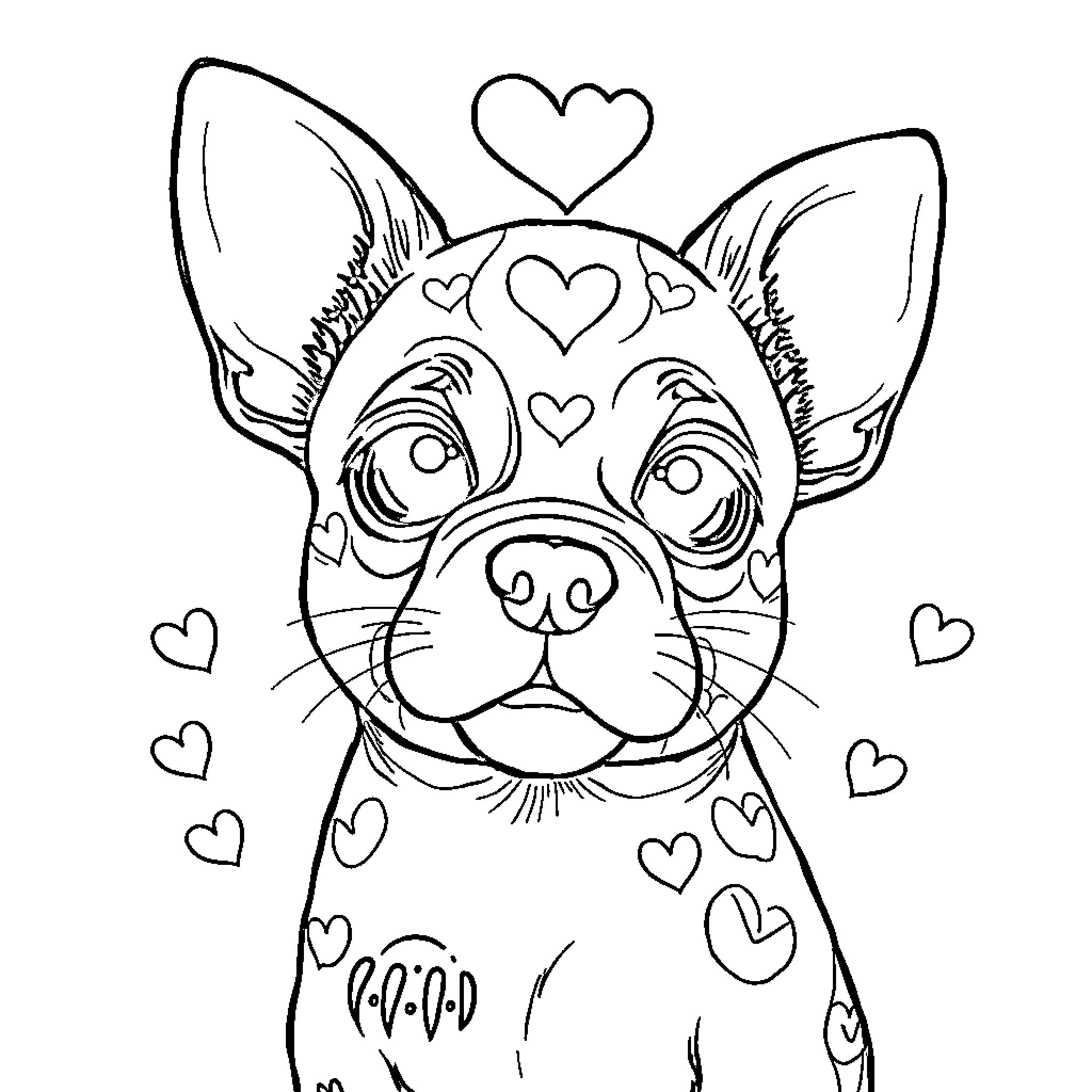 Perrito with hearts and loving expression Coloring Page (free black-and-white line drawing printable PDF for all, from beginners to advanced learners, including children, teens, adults, and seniors)