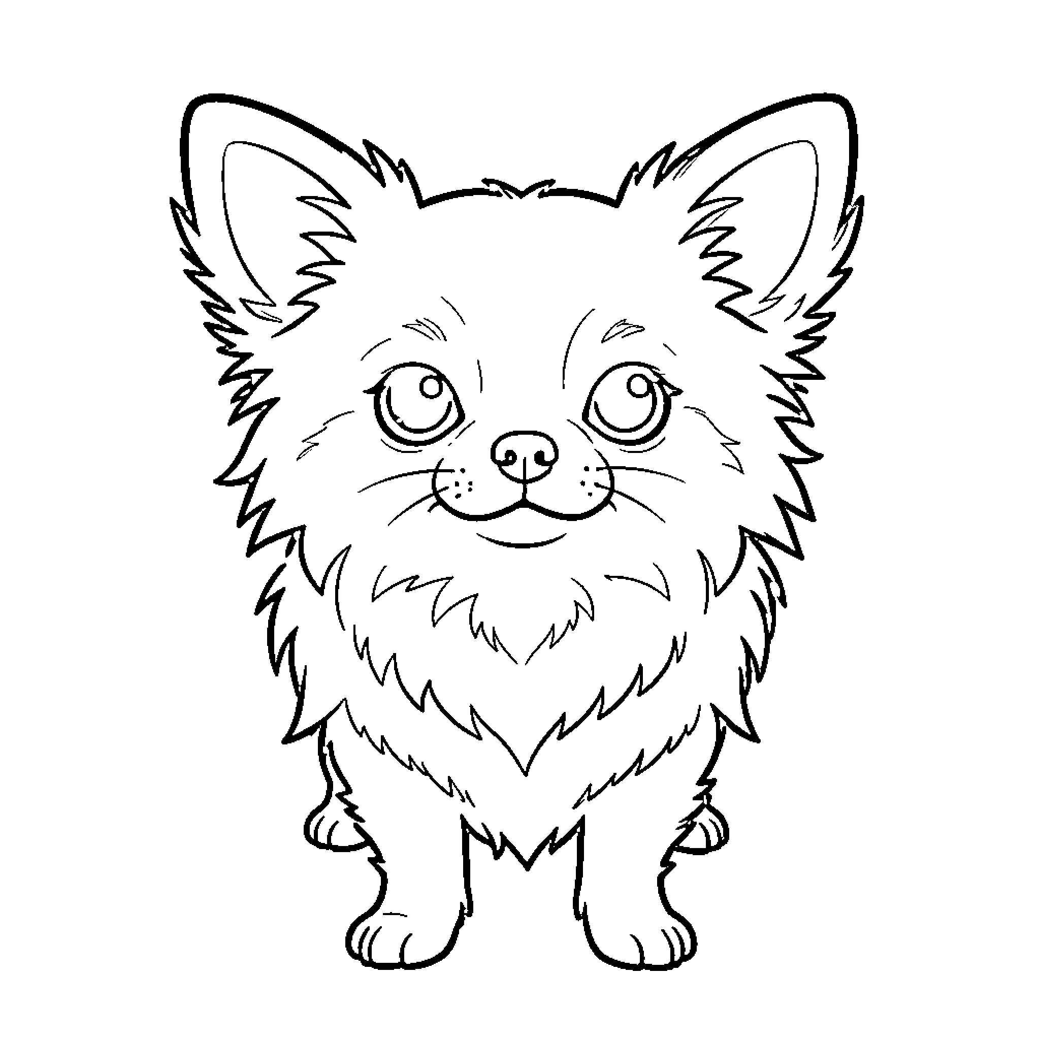 Pomeranian puppy with big eyes and fluffy fur Coloring Page (free black-and-white line drawing printable PDF for all, from beginners to advanced learners, including children, teens, adults, and seniors)