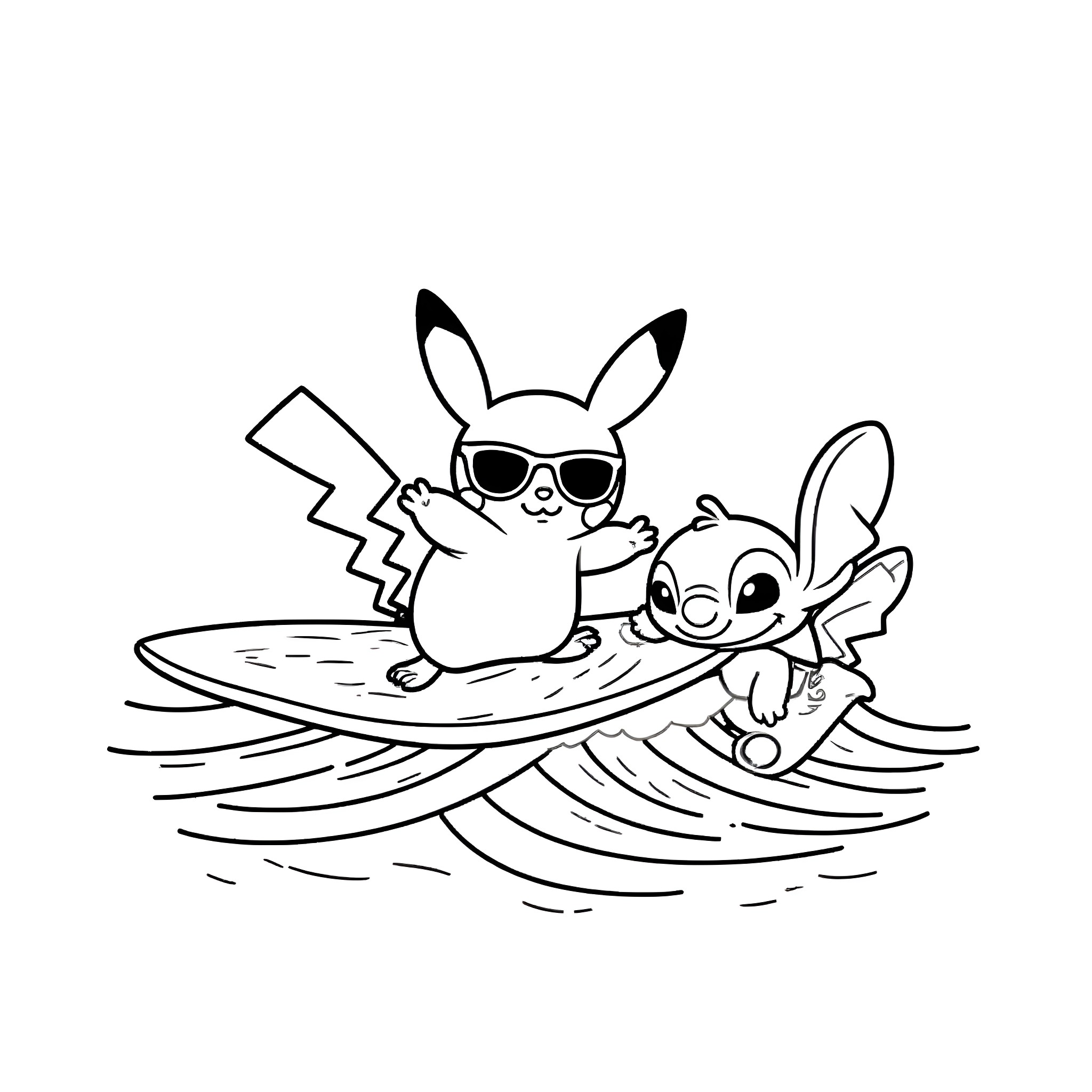 Pikachu and Stitch surfing on waves Coloring Page (free black-and-white line drawing printable PDF for all, from beginners to advanced learners, including children, teens, adults, and seniors)