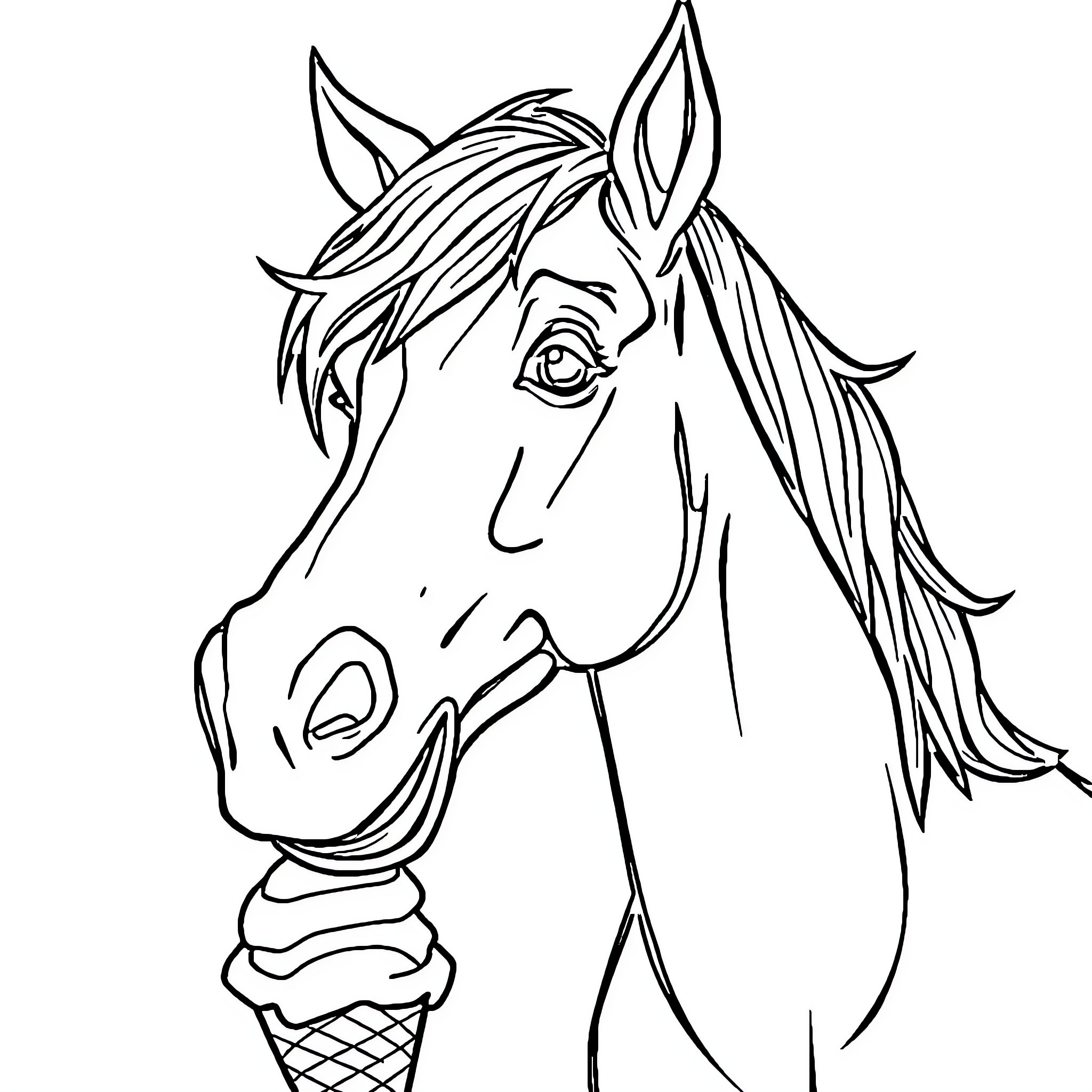 Horse enjoying an ice cream treat Coloring Page (free black-and-white line drawing printable PDF for all, from beginners to advanced learners, including children, teens, adults, and seniors)