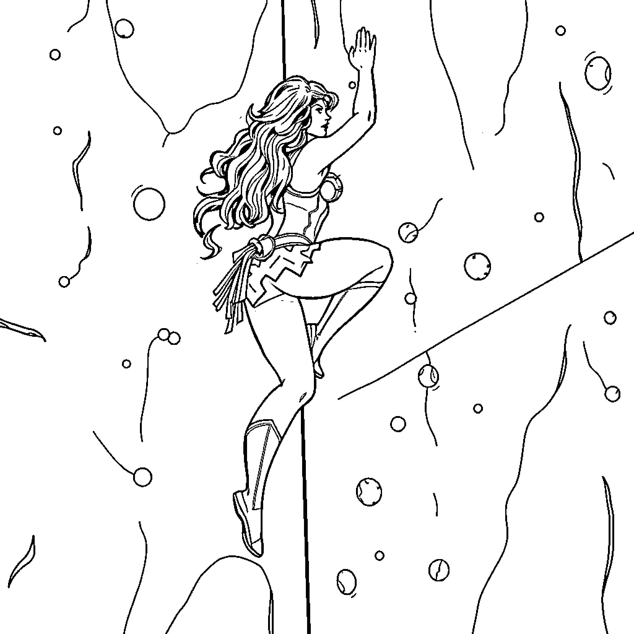 Superwoman dancing gracefully amid cosmic swirls Coloring Page (free black-and-white line drawing printable PDF for all, from beginners to advanced learners, including children, teens, adults, and seniors)