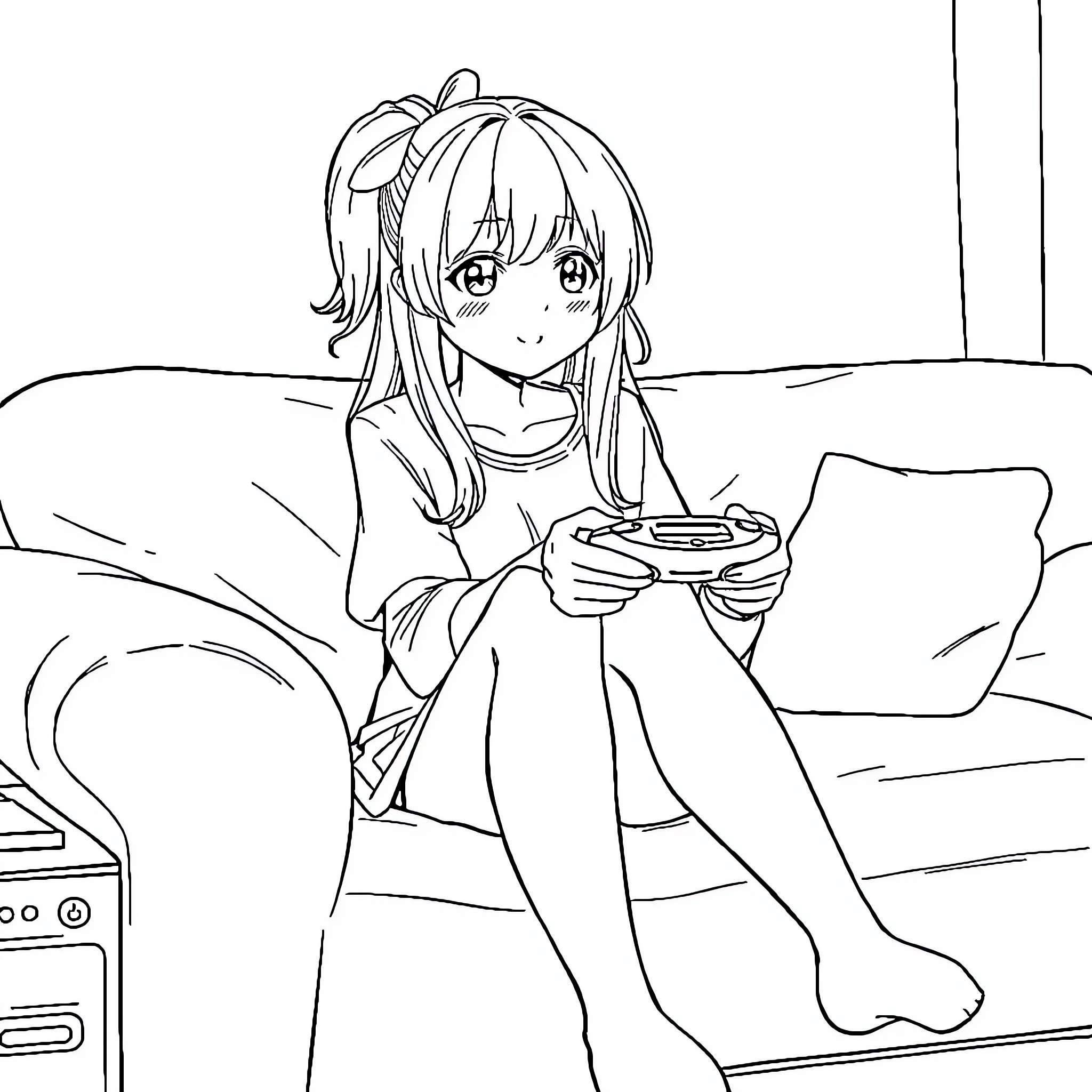 Anime Girl Relaxing and Playing Video Game Coloring Page (free black-and-white line drawing printable PDF for all, from beginners to advanced learners, including children, teens, adults, and seniors)