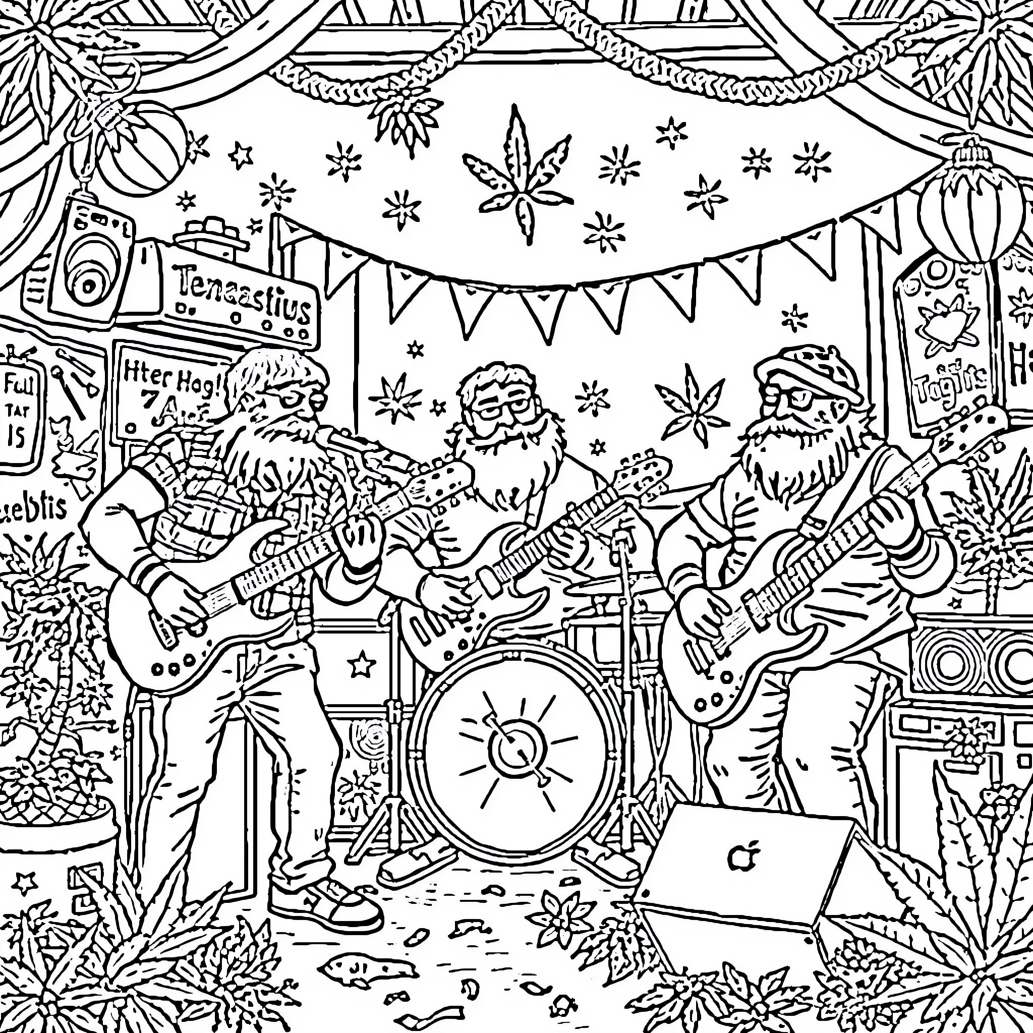 Weed Festival Music Performance with Colorful Characters Coloring Page (free black-and-white line drawing printable PDF for all, from beginners to advanced learners, including children, teens, adults, and seniors)