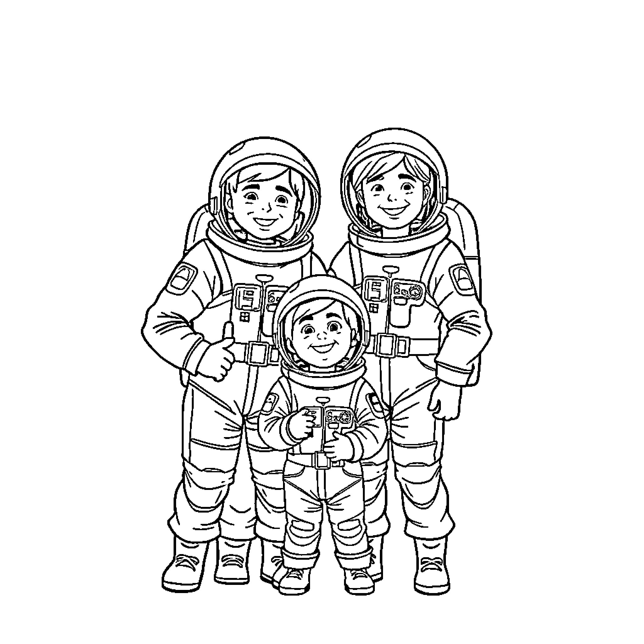 Astronauts exploring outer space together Coloring Page (free black-and-white line drawing printable PDF for all, from beginners to advanced learners, including children, teens, adults, and seniors)