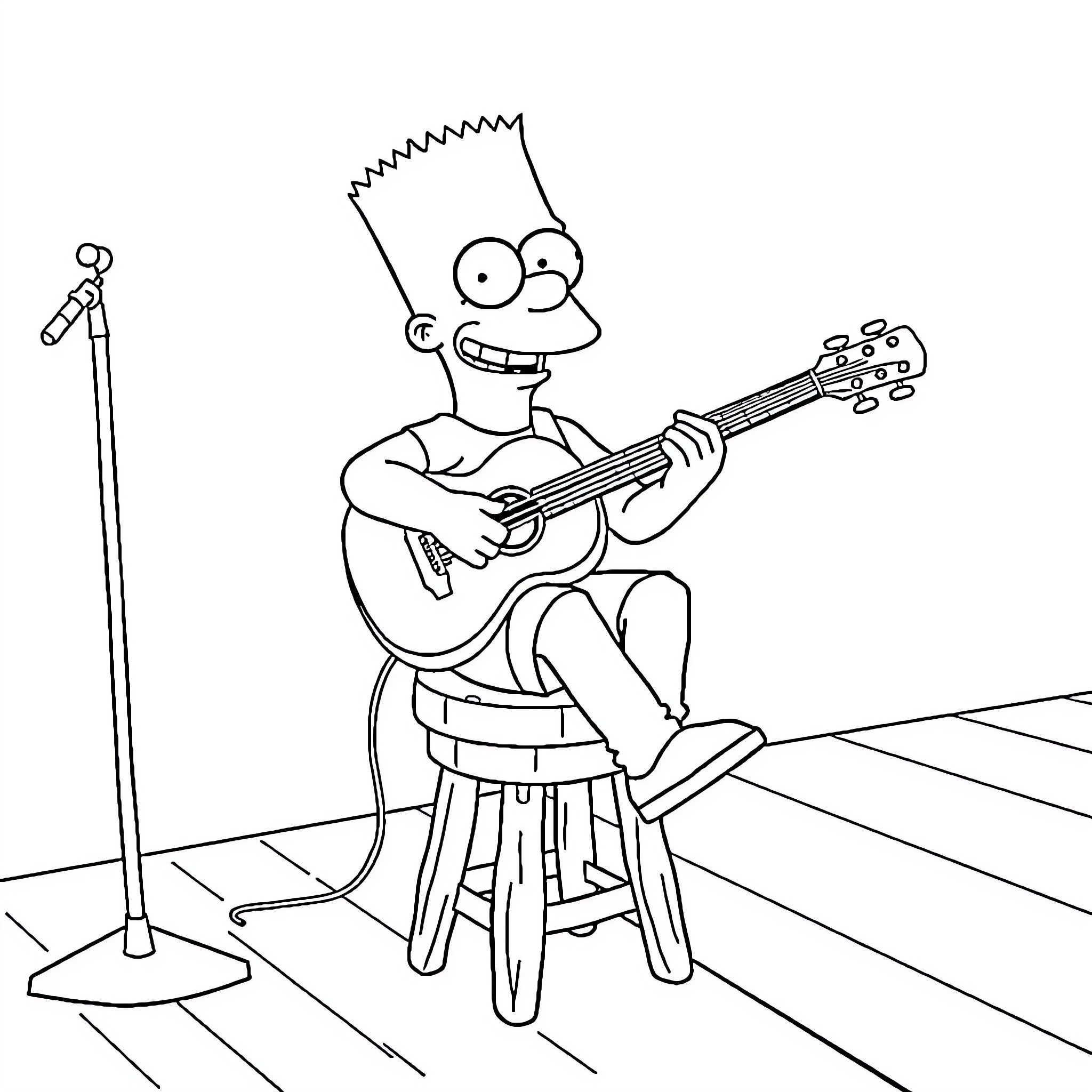 Bart strumming his guitar on stage Coloring Page (free black-and-white line drawing printable PDF for all, from beginners to advanced learners, including children, teens, adults, and seniors)
