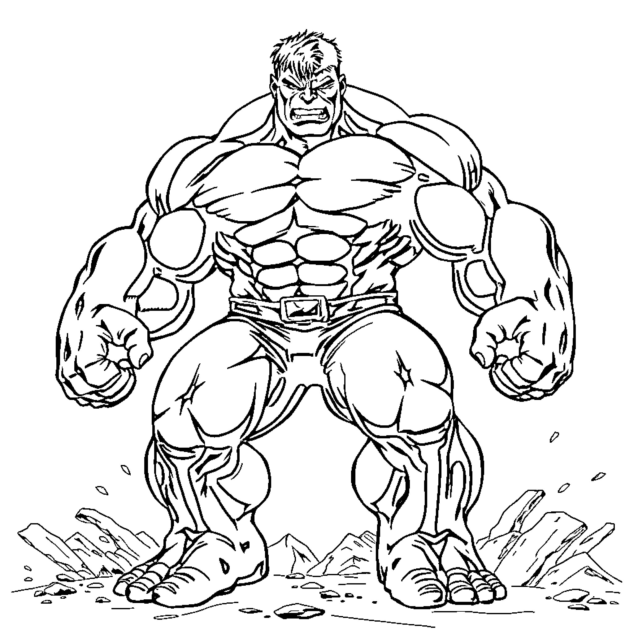 Hulk's Mighty Stance in Action-Packed Scene Coloring Page (free black-and-white line drawing printable PDF for all, from beginners to advanced learners, including children, teens, adults, and seniors)