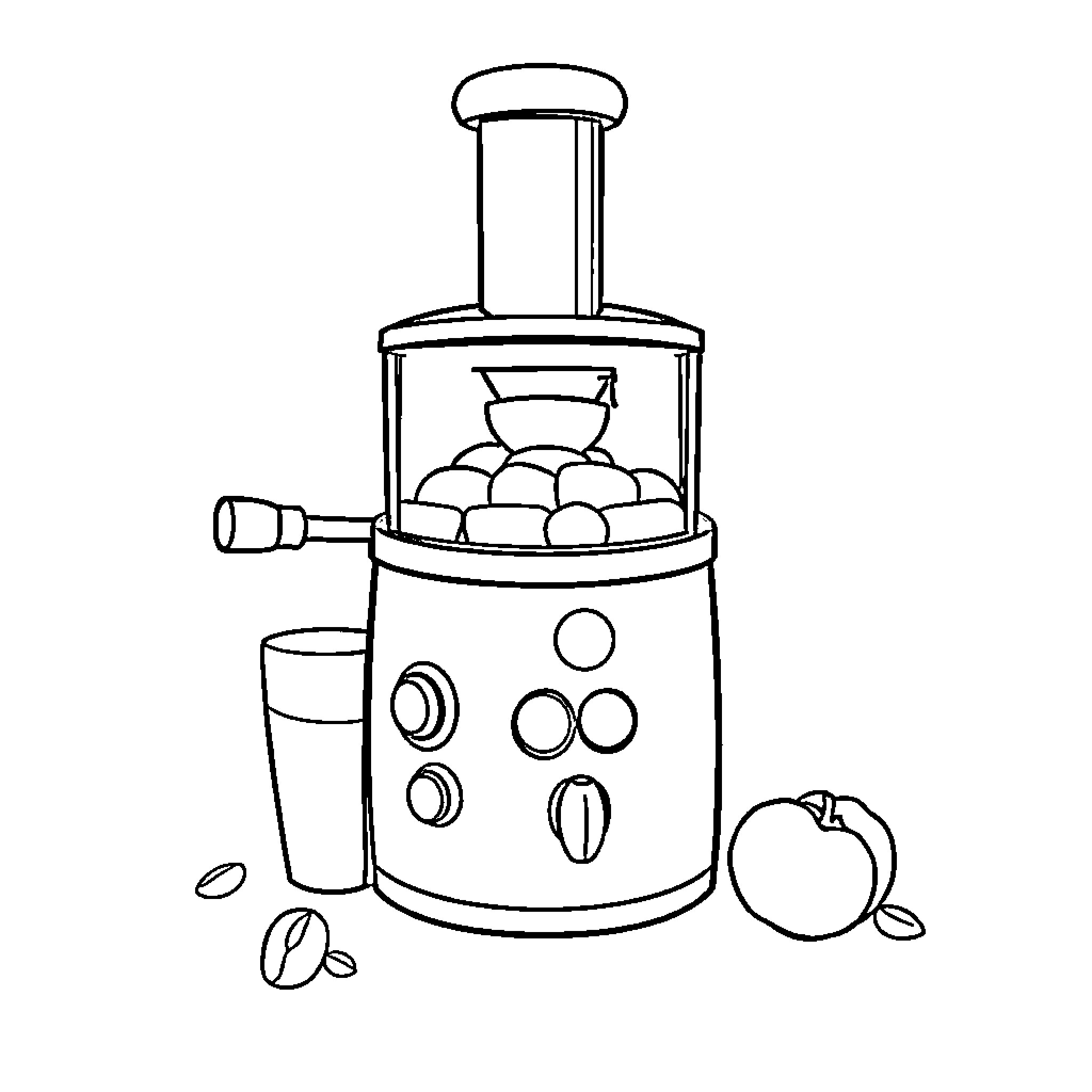 Superthings Juicing Machine with Fruits Coloring Page (free black-and-white line drawing printable PDF for all, from beginners to advanced learners, including children, teens, adults, and seniors)