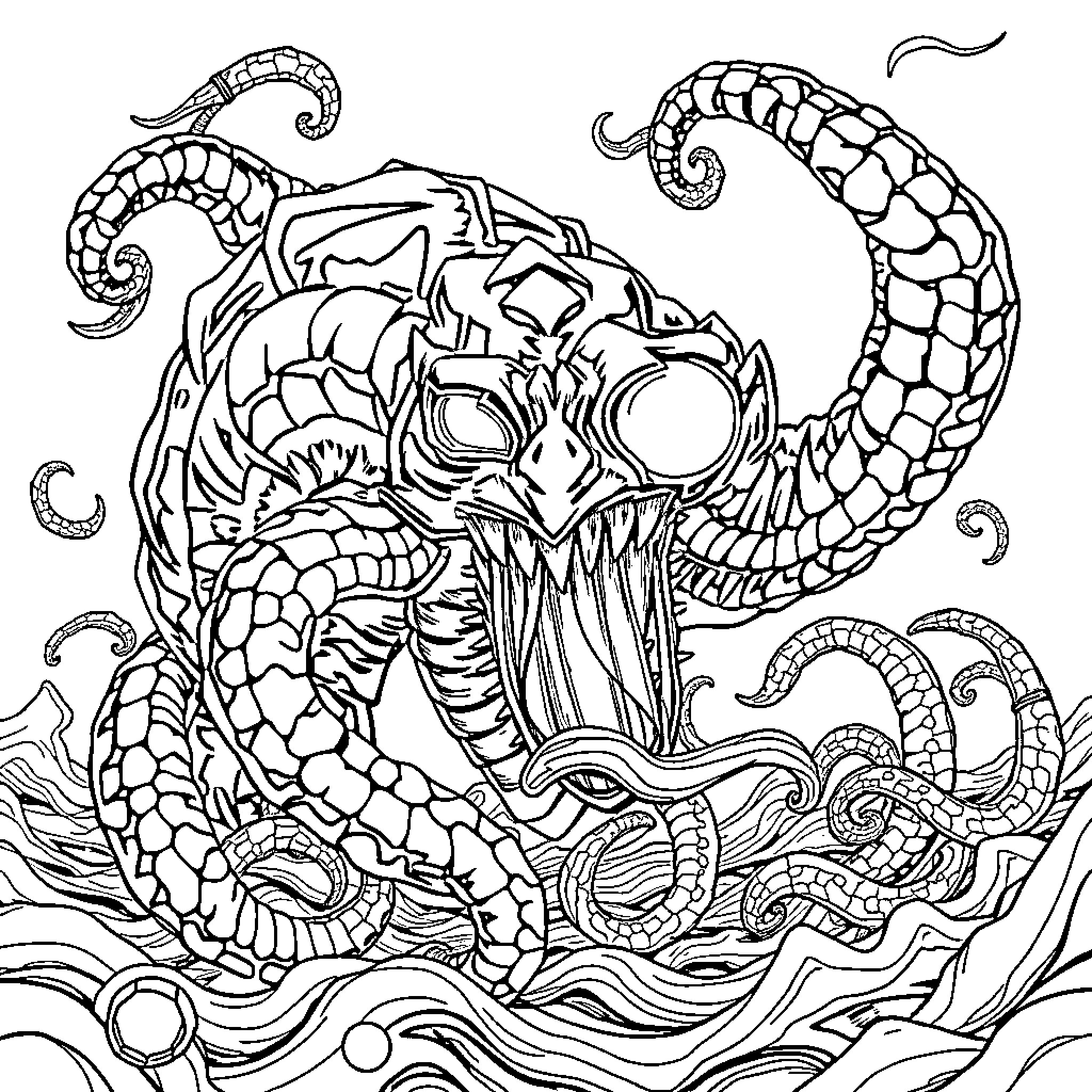 Yugioh Monster Unleashed in Intricate Patterns Coloring Page (free black-and-white line drawing printable PDF for all, from beginners to advanced learners, including children, teens, adults, and seniors)