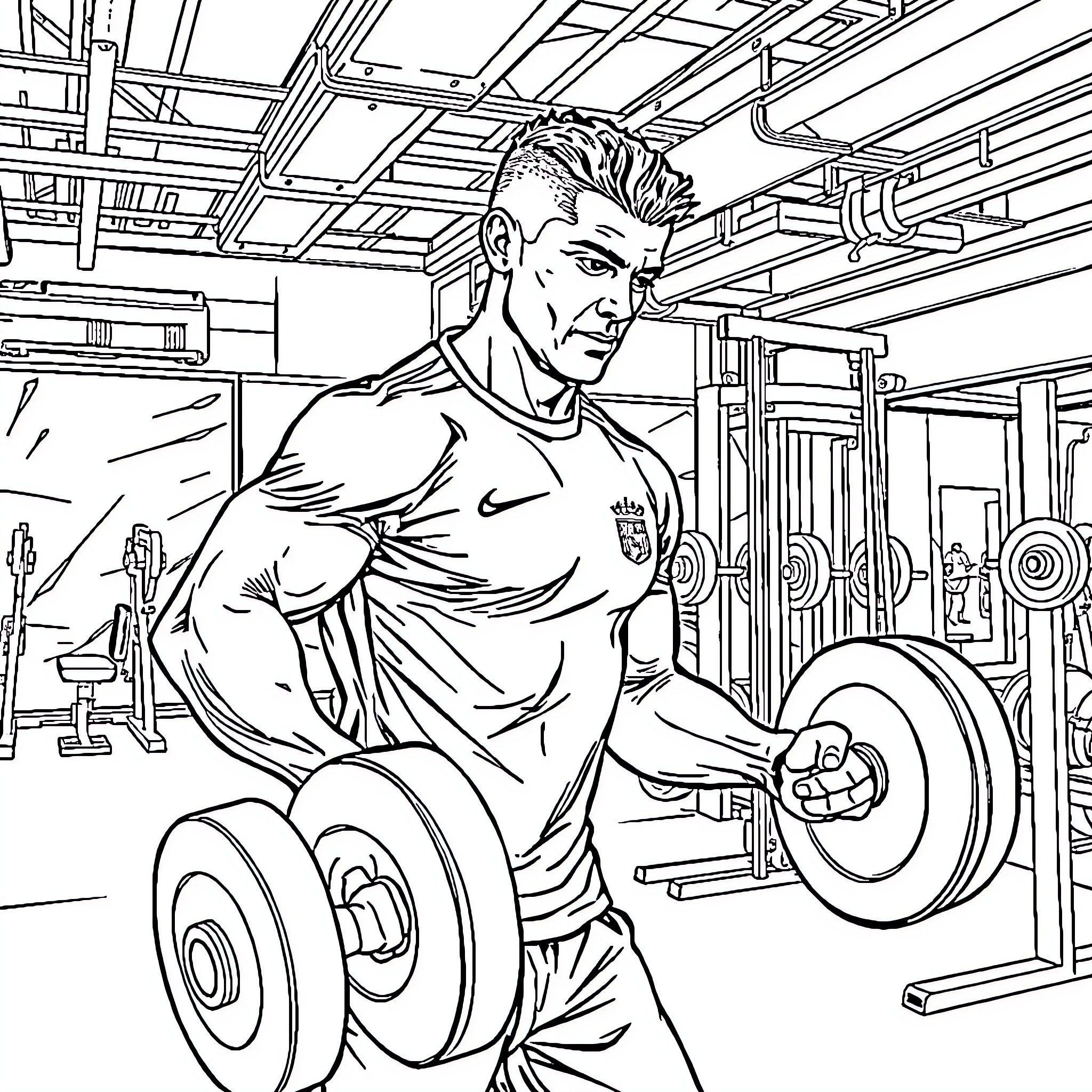 Ronaldo Lifting Weights in a Gym Coloring Page (free black-and-white line drawing printable PDF for all, from beginners to advanced learners, including children, teens, adults, and seniors)