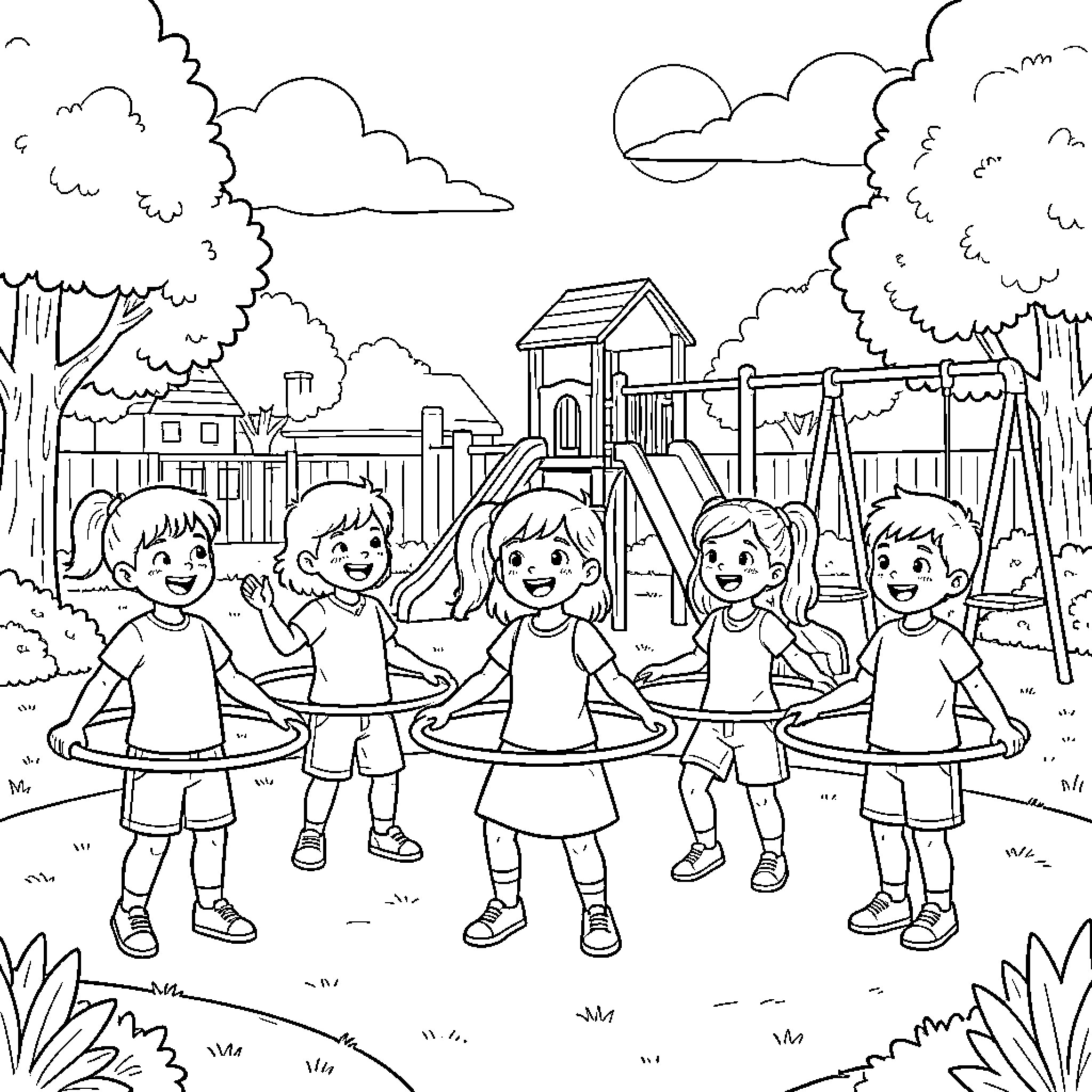 Student children playing with hula hoops in a park Coloring Page (free black-and-white line drawing printable PDF for all, from beginners to advanced learners, including children, teens, adults, and seniors)