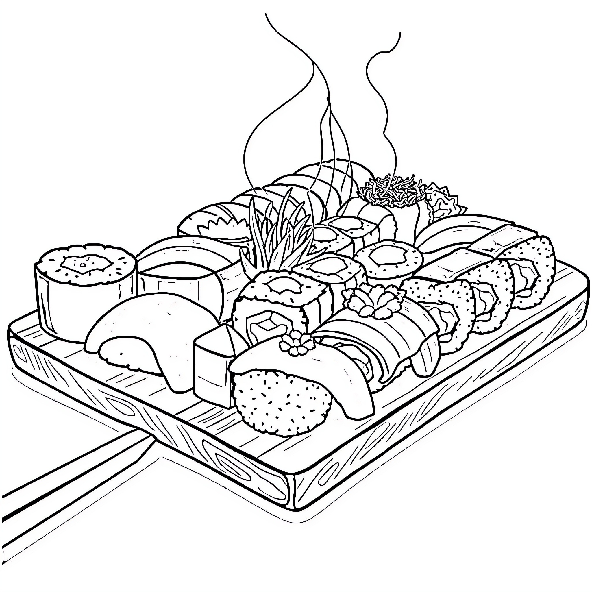 Sushi platter with various rolls and toppings Coloring Page (free black-and-white line drawing printable PDF for all, from beginners to advanced learners, including children, teens, adults, and seniors)