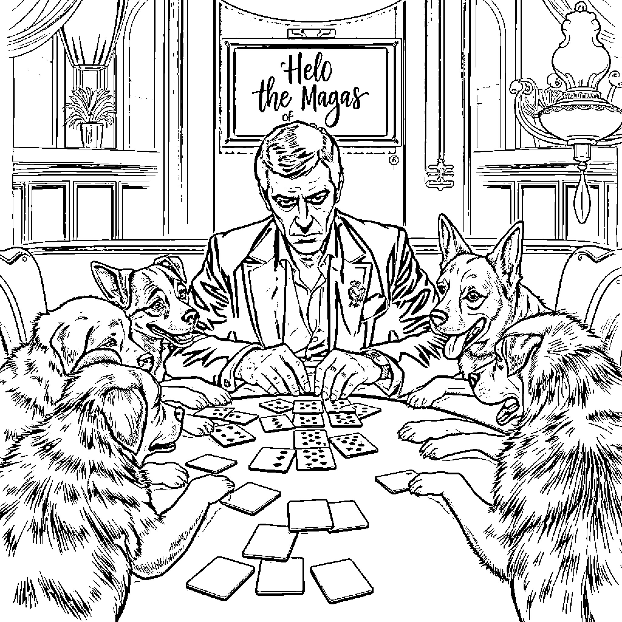 Scarface playing cards with his canine companions Coloring Page (free black-and-white line drawing printable PDF for all, from beginners to advanced learners, including children, teens, adults, and seniors)