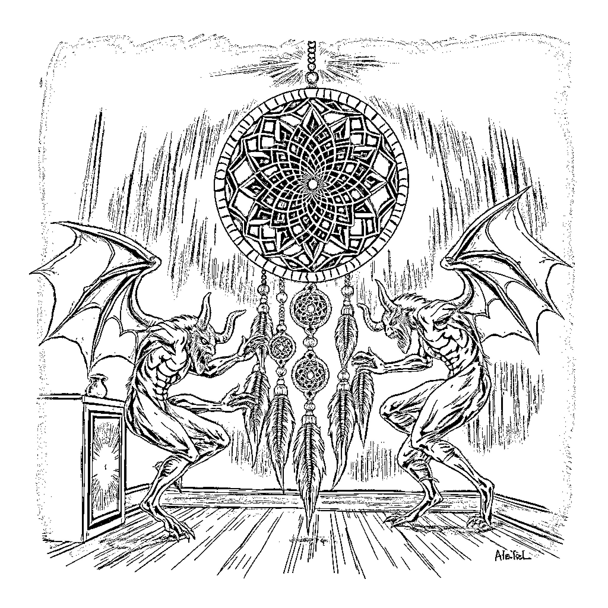 Demon Dreamcatchers and Winged Figures in Mystical Scene Coloring Page (free black-and-white line drawing printable PDF for all, from beginners to advanced learners, including children, teens, adults, and seniors)