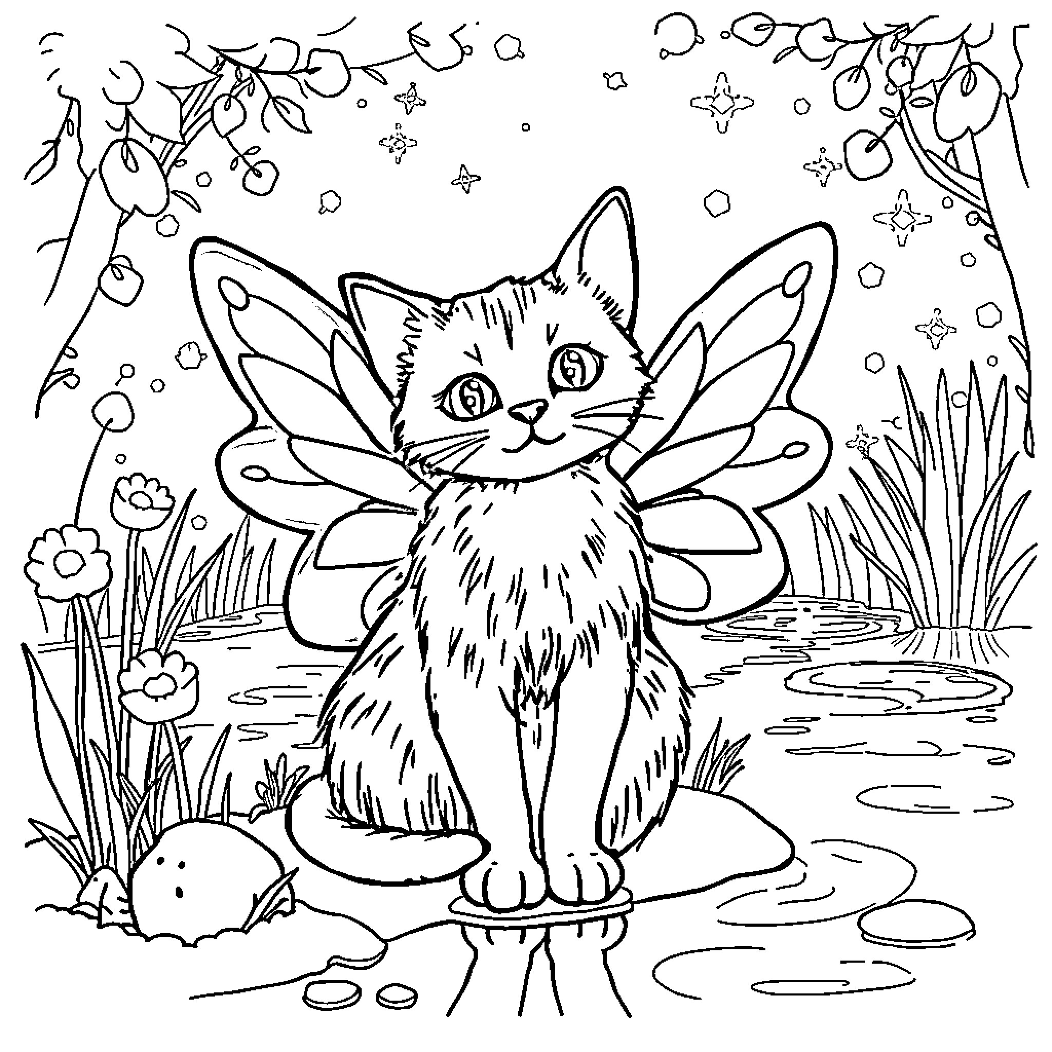 Cat fairy playing in whimsical forest scene Coloring Page (free black-and-white line drawing printable PDF for all, from beginners to advanced learners, including children, teens, adults, and seniors)