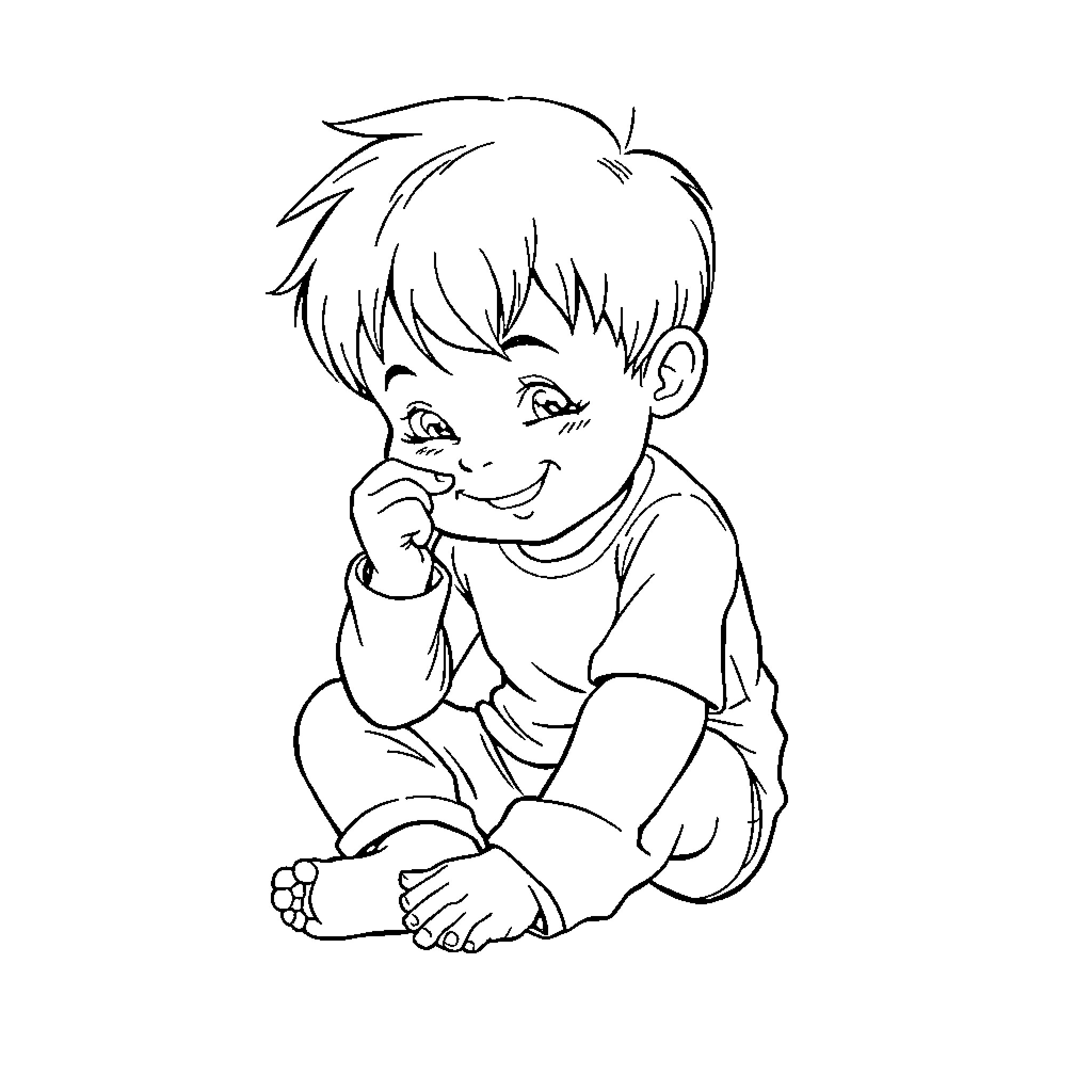 Kid coloring and smiling happily Coloring Page (free black-and-white line drawing printable PDF for all, from beginners to advanced learners, including children, teens, adults, and seniors)