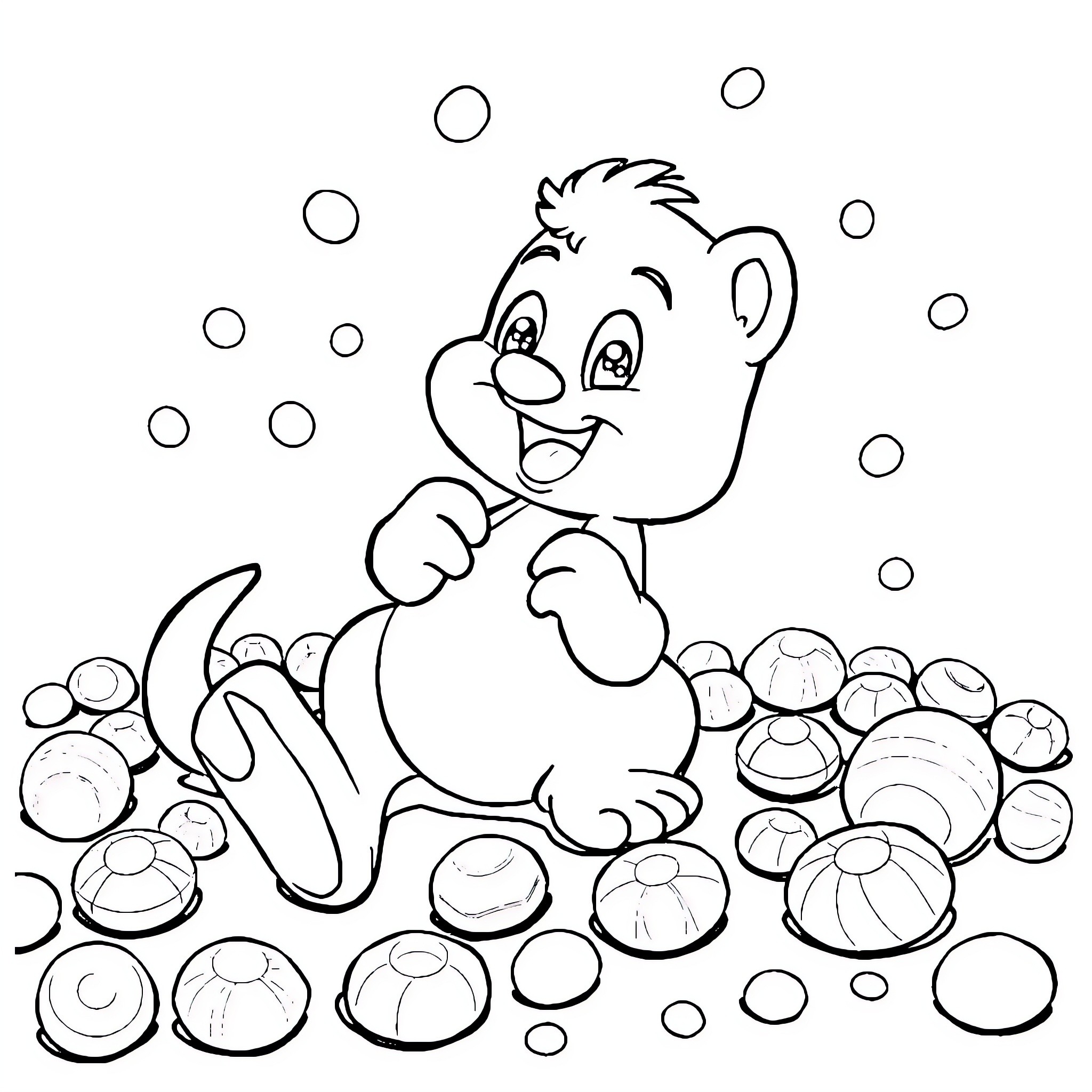 Bluey playing happily in a bubbly scene Coloring Page (free black-and-white line drawing printable PDF for all, from beginners to advanced learners, including children, teens, adults, and seniors)