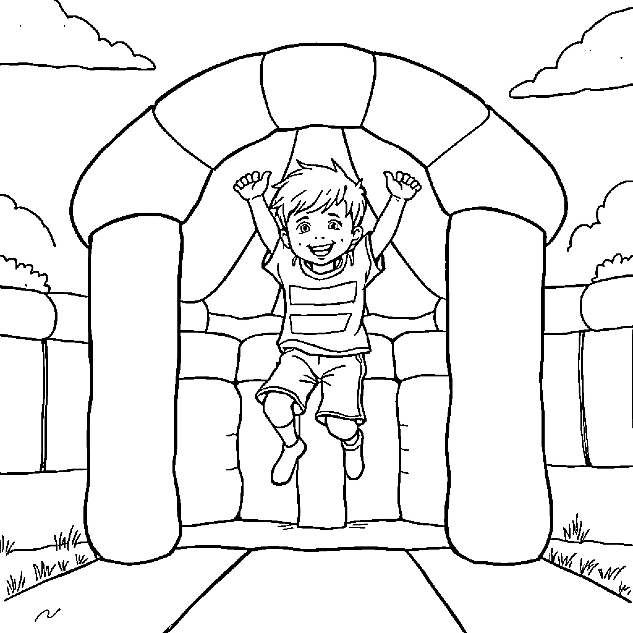 Boy jumping happily on inflatable trampoline Coloring Page (free black-and-white line drawing printable PDF for all, from beginners to advanced learners, including children, teens, adults, and seniors)