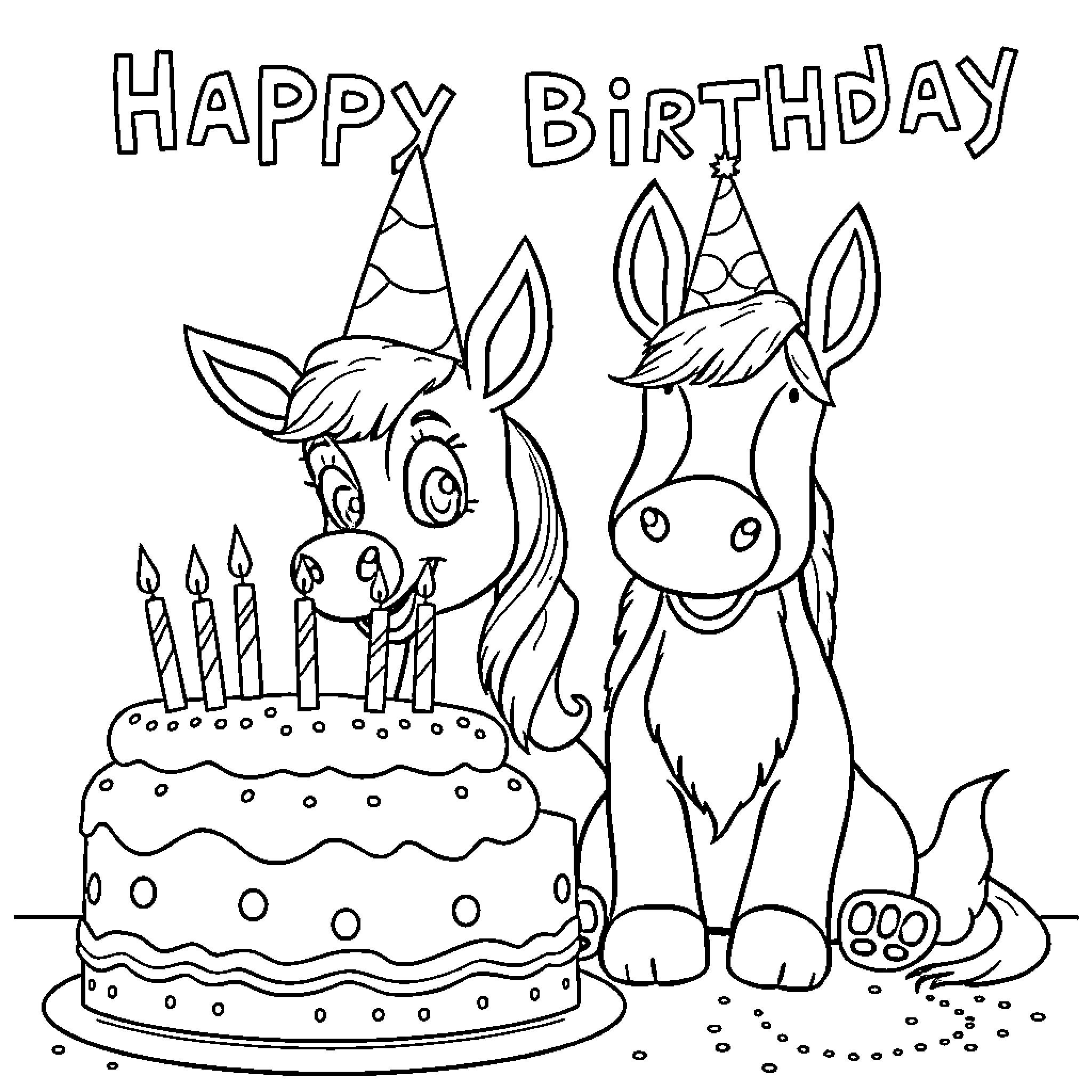 Bluey celebrates birthday with festive donkey friend Coloring Page (free black-and-white line drawing printable PDF for all, from beginners to advanced learners, including children, teens, adults, and seniors)