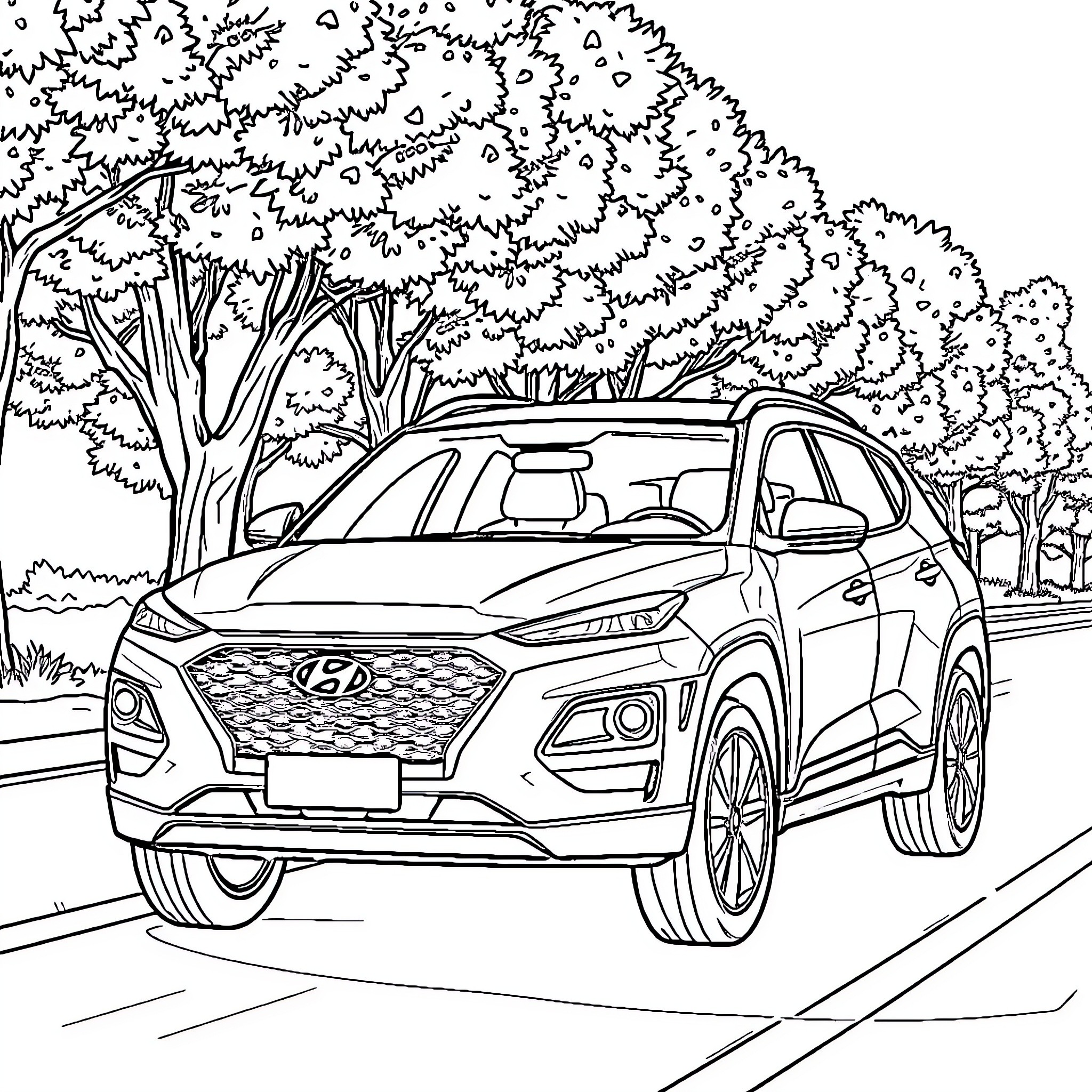 Hyundai Tucson driving on a scenic road Coloring Page (free black-and-white line drawing printable PDF for all, from beginners to advanced learners, including children, teens, adults, and seniors)