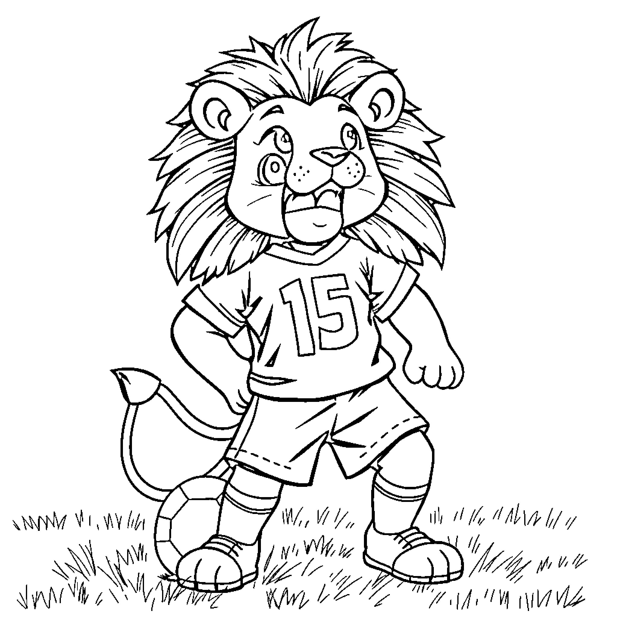 Lioness wearing jersey on grassy field Coloring Page (free black-and-white line drawing printable PDF for all, from beginners to advanced learners, including children, teens, adults, and seniors)