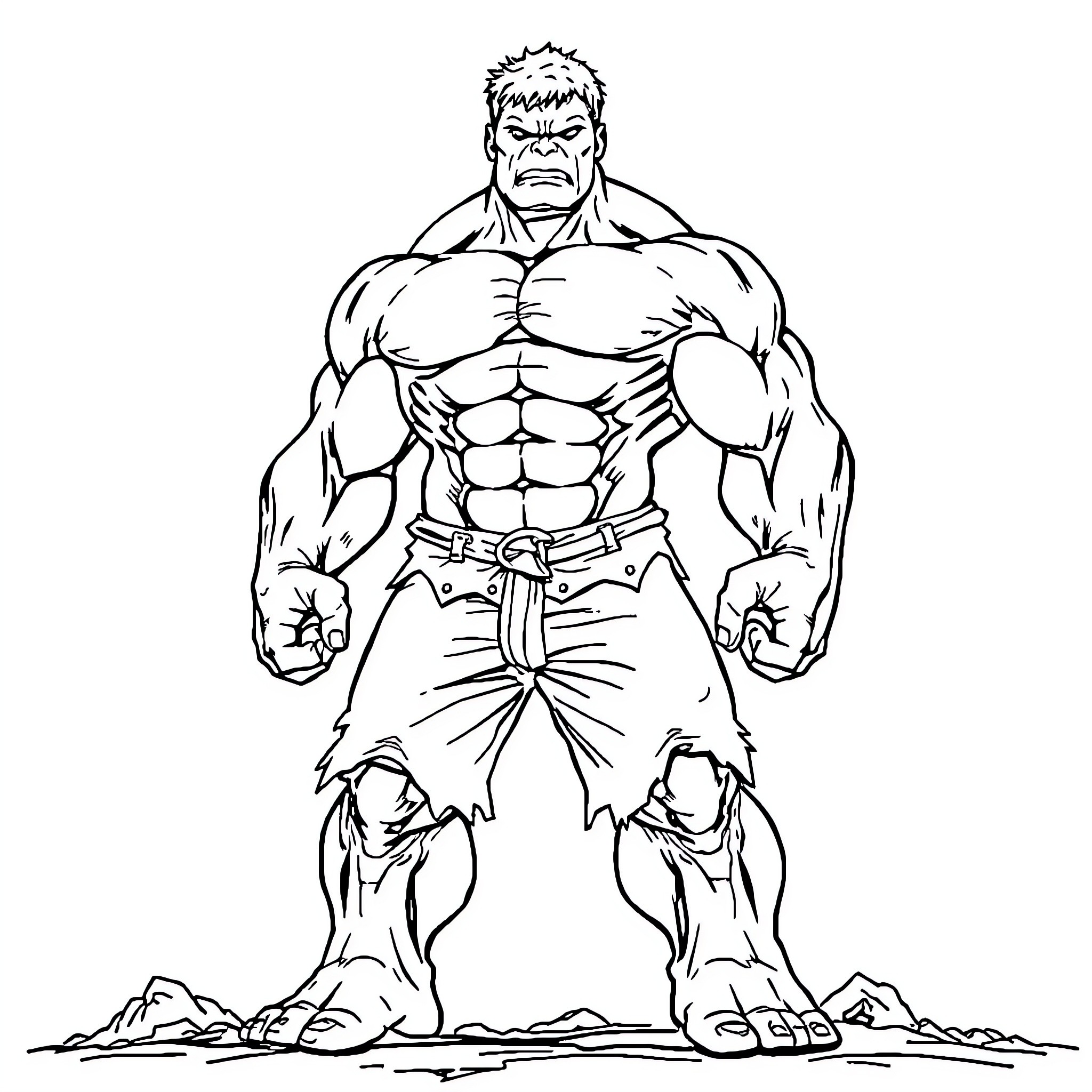 Hulk Unleashing Mighty Strength in Torn Clothes Coloring Page (free black-and-white line drawing printable PDF for all, from beginners to advanced learners, including children, teens, adults, and seniors)