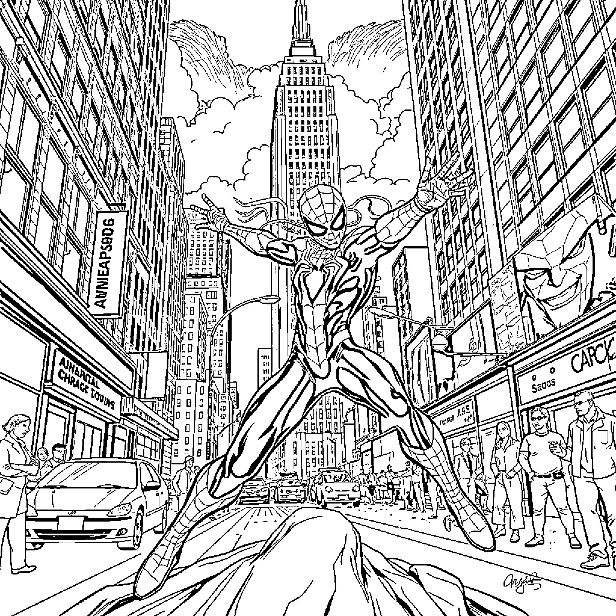 Android 18 heroically leaping through the city skyline Coloring Page (free black-and-white line drawing printable PDF for all, from beginners to advanced learners, including children, teens, adults, and seniors)