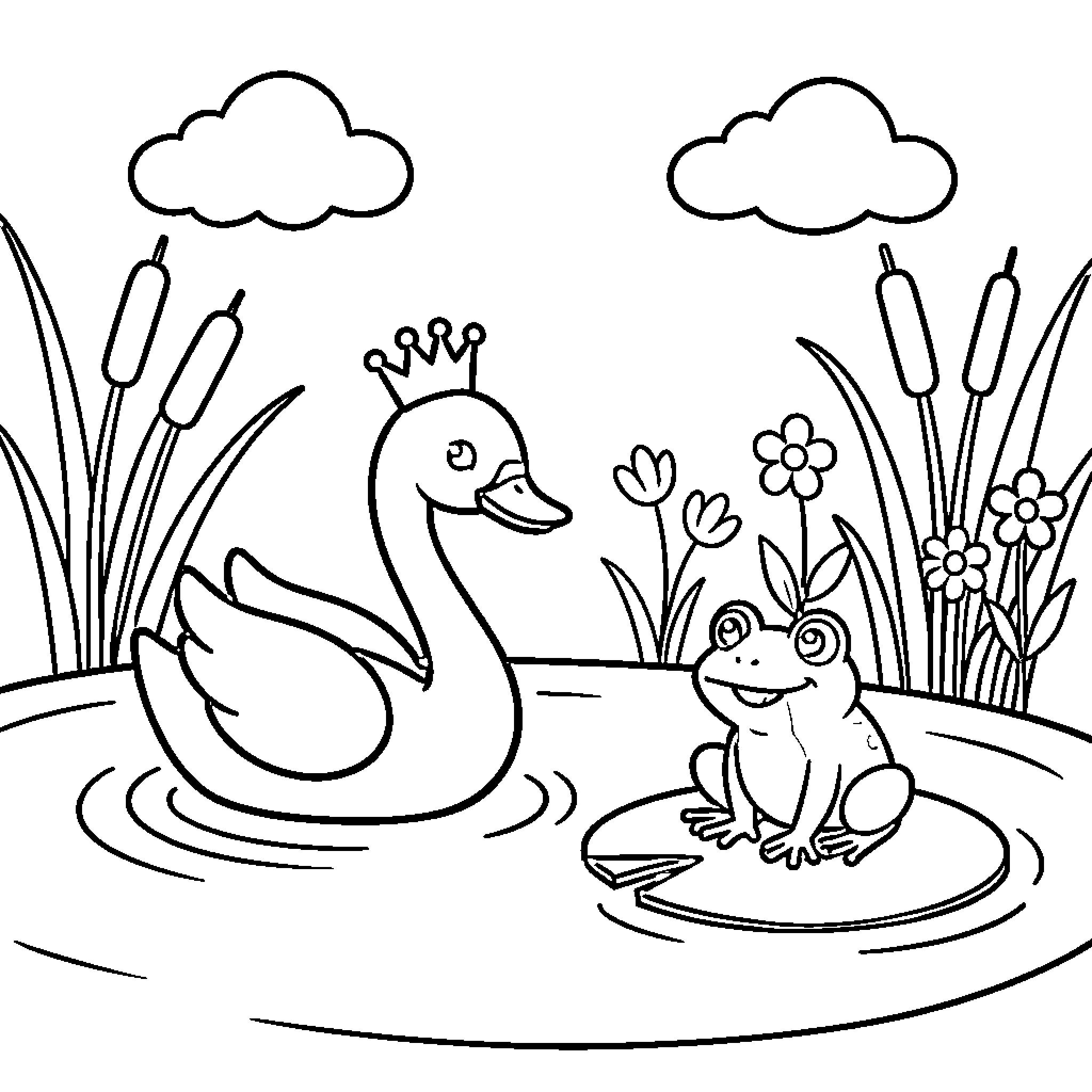 Swan and frog enjoying a pond scene Coloring Page (free black-and-white line drawing printable PDF for all, from beginners to advanced learners, including children, teens, adults, and seniors)